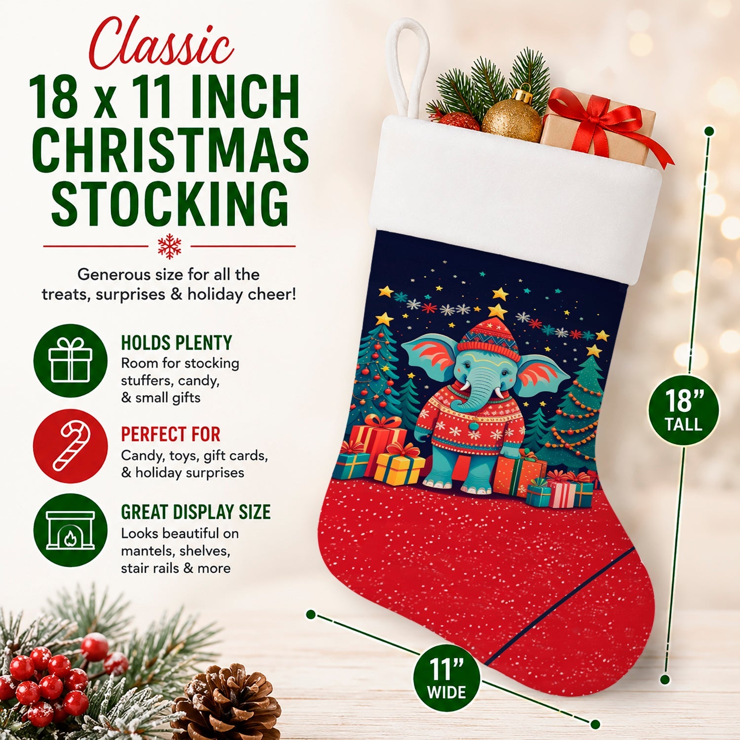 Elephant Christmas Holiday Stocking Double-Sided Print, Polyester Suede,11x18, Made in USA