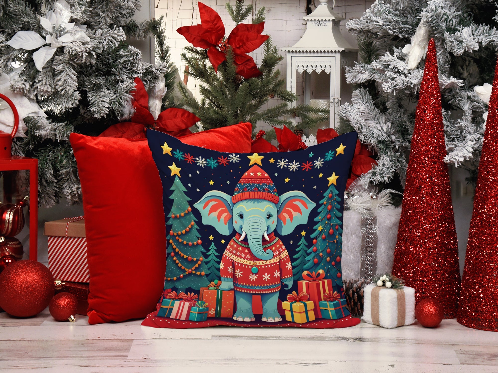 Elephant Christmas Decorative Throw Pillow 18x18 Indoor Outdoor Accent Cushion, Fabric Cover with Insert for Sofa, Bed, Porch & Living Room