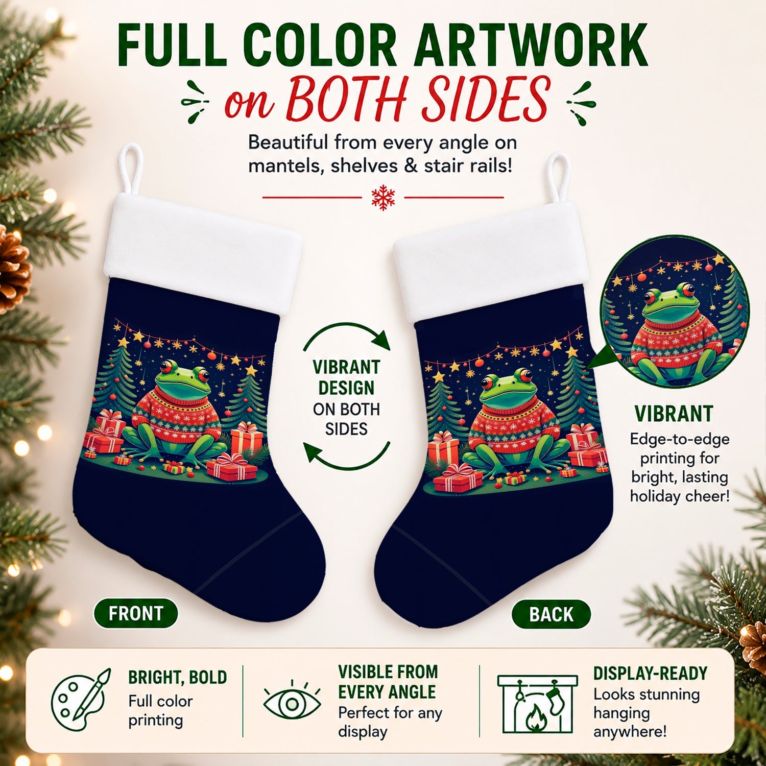 Frog Christmas Holiday Stocking Double-Sided Print, Polyester Suede,11x18, Made in USA