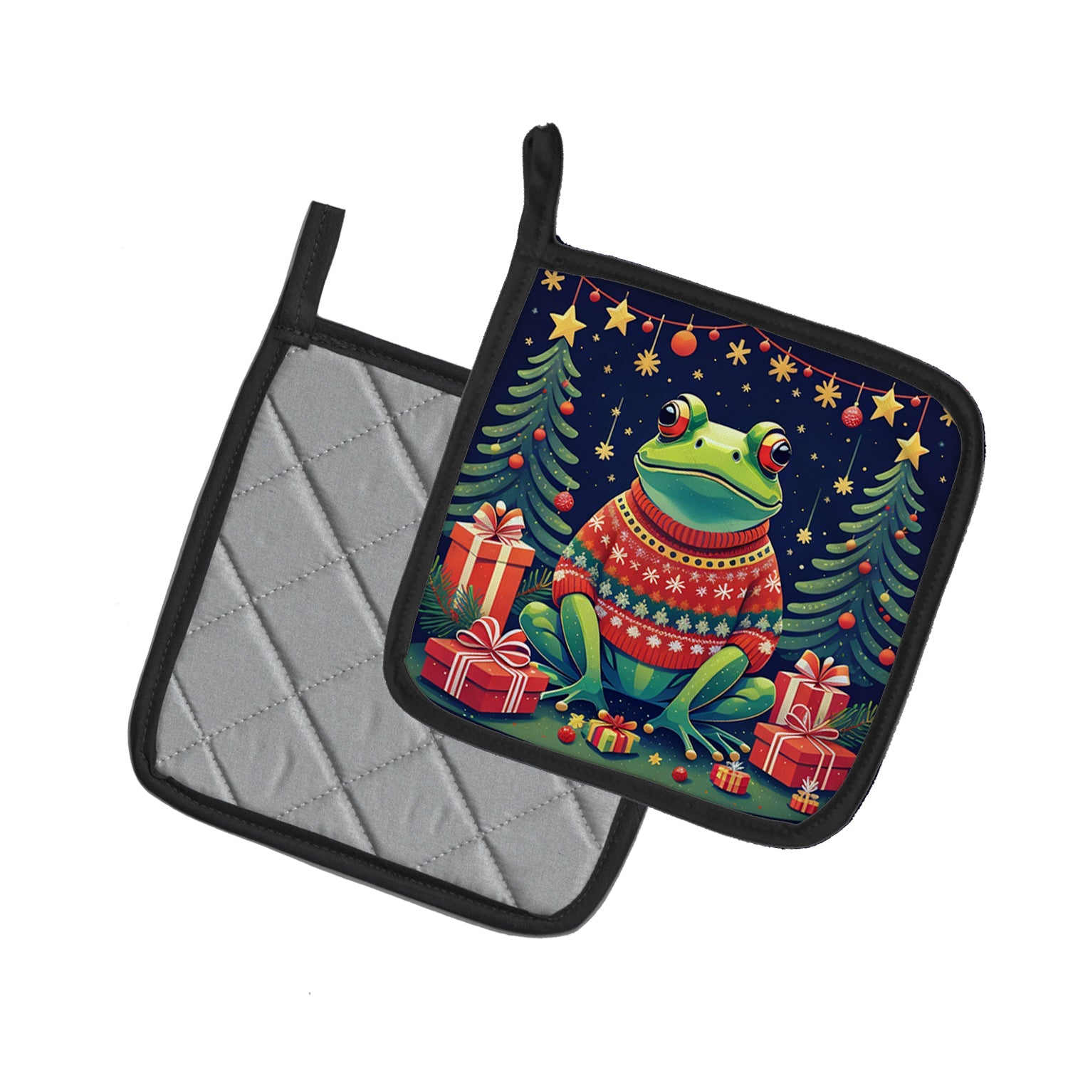 Frog Christmas Pot Holder Set of 2 Heat Resistant Quilted Hot Pads 7.5 x 7.5 Inch, Insulated Kitchen Trivets for Cooking & Baking