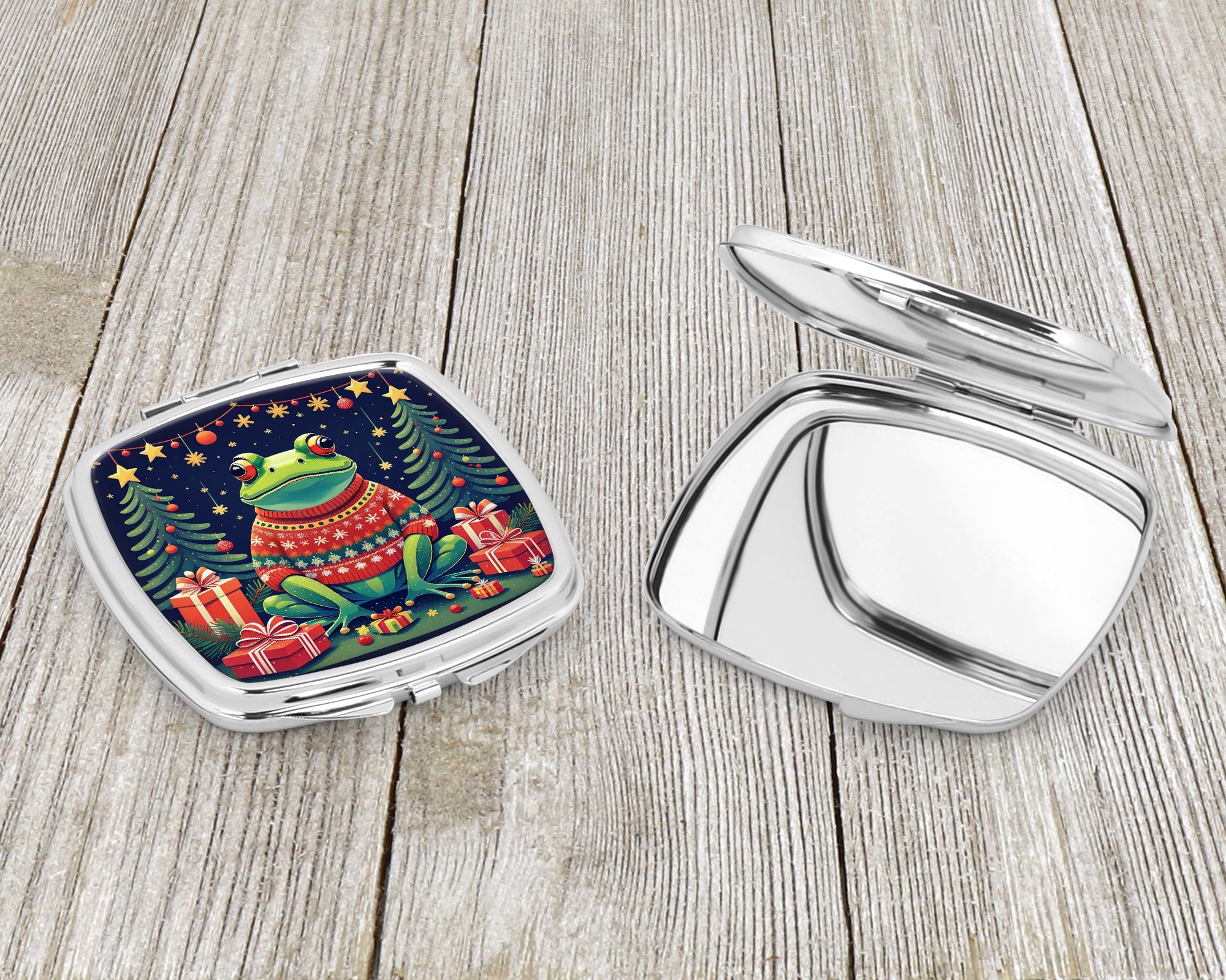 Frog Christmas Compact Mirror Decorative Travel Makeup Mirror for Women Girls Gifts Pocket Makeup Mirror Folding Handheld