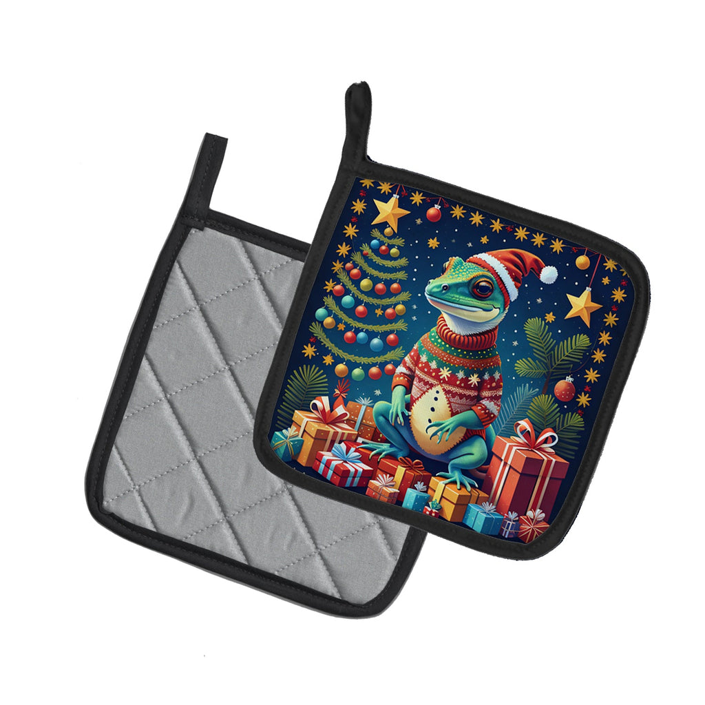 Gecko Christmas Pot Holder Set of 2 Heat Resistant Quilted Hot Pads 7.5 x 7.5 Inch, Insulated Kitchen Trivets for Cooking & Baking