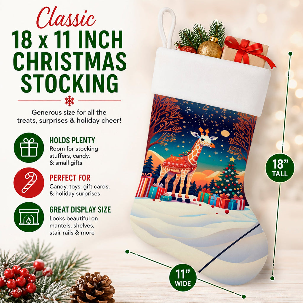 Giraffe Christmas Holiday Stocking Double-Sided Print, Polyester Suede,11x18, Made in USA