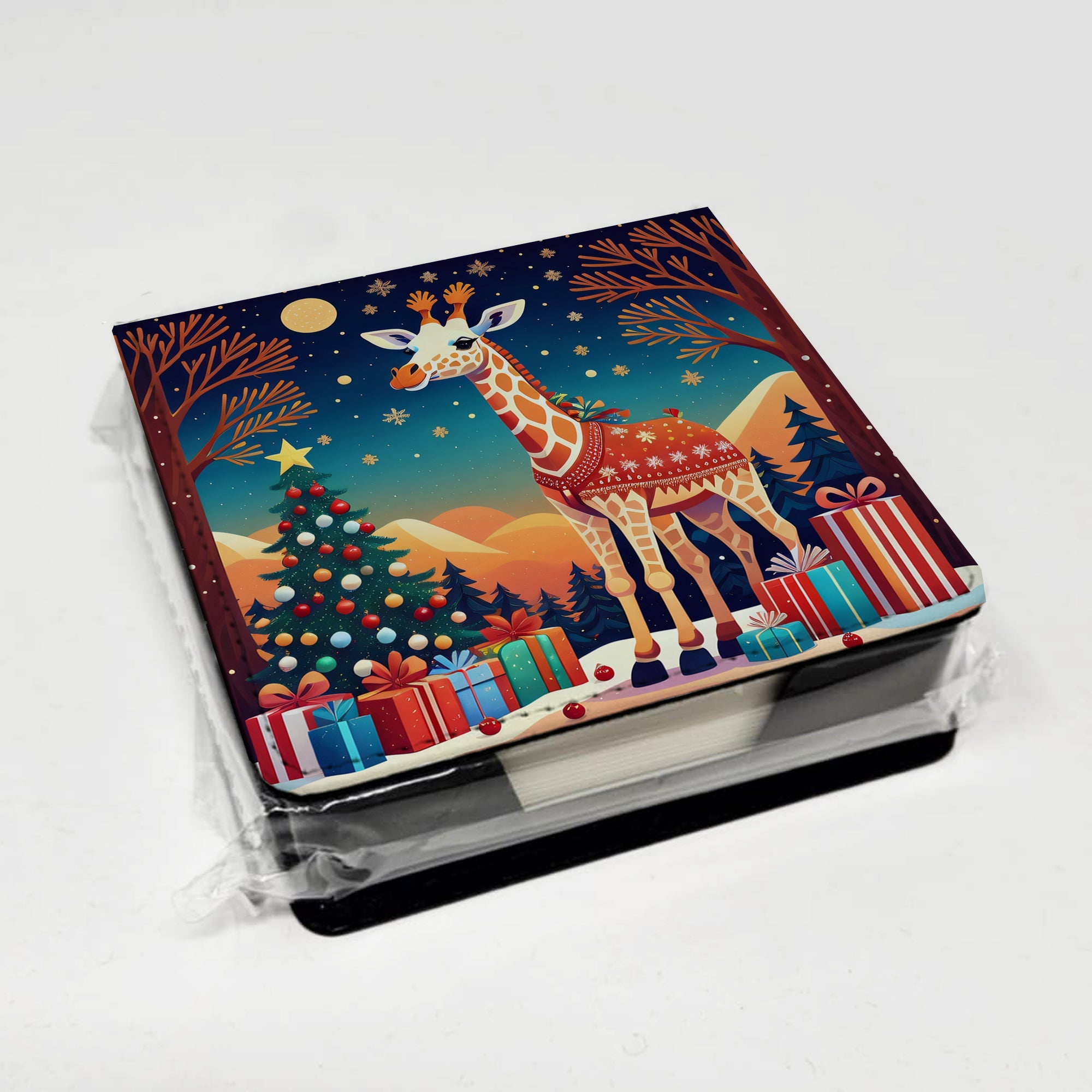 Giraffe Christmas PU Leather Note Paper Holder with Artist-Designed Cover, Desk Accessory, Office Gift