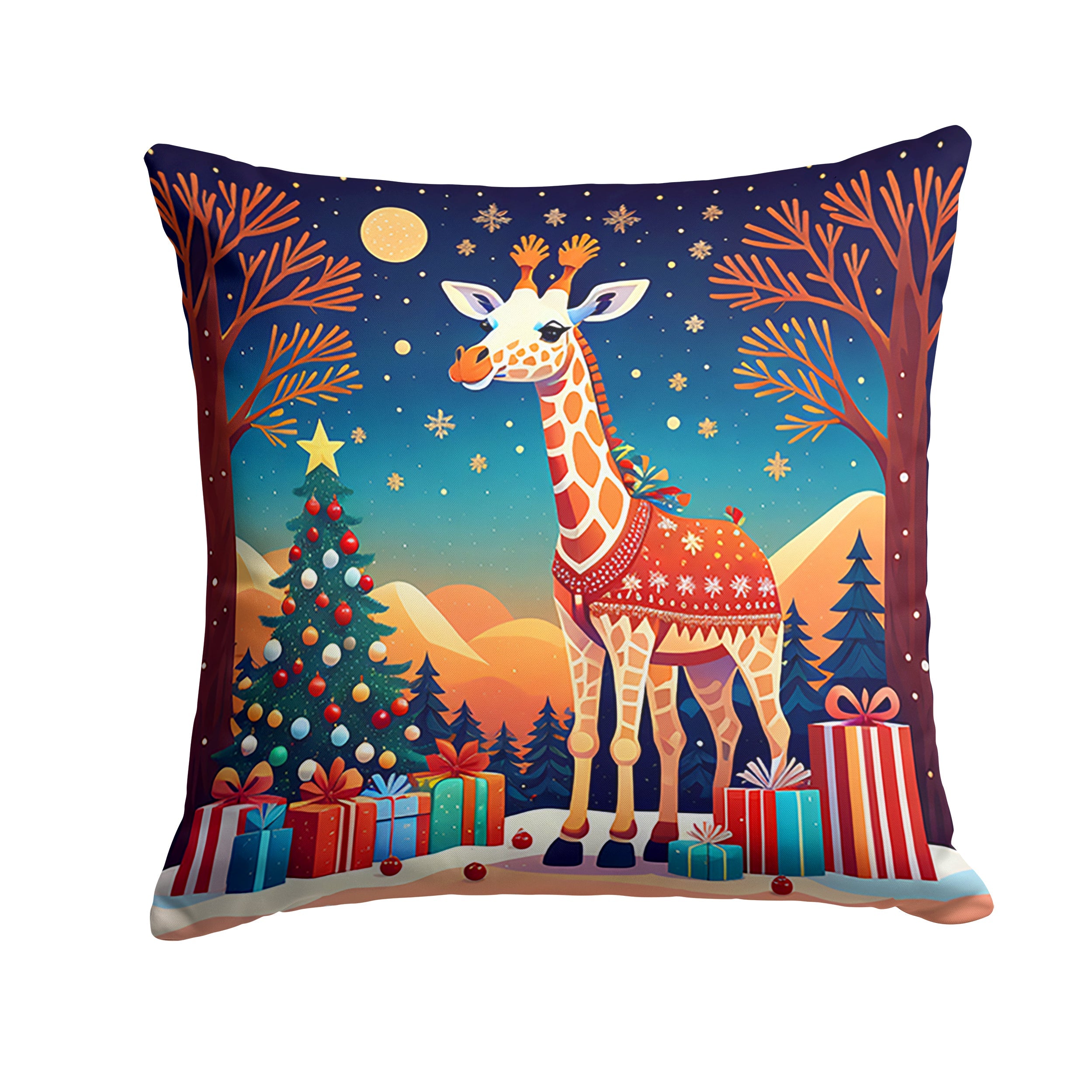 Giraffe Christmas Decorative Throw Pillow 14x14 Indoor Outdoor Accent Cushion, Fabric Cover with Insert for Sofa, Bed, Porch & Living Room