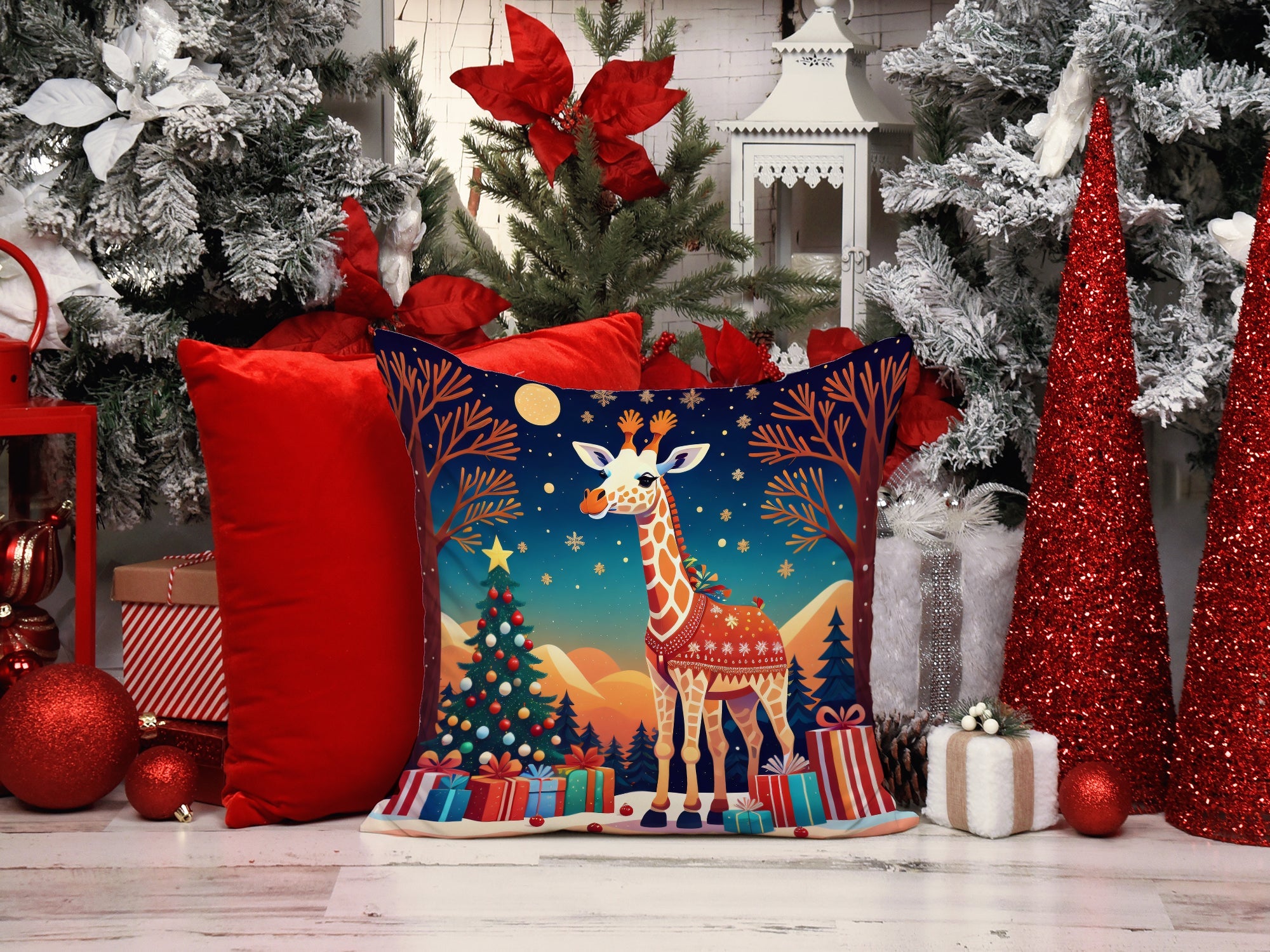 Giraffe Christmas Decorative Throw Pillow 18x18 Indoor Outdoor Accent Cushion, Fabric Cover with Insert for Sofa, Bed, Porch & Living Room