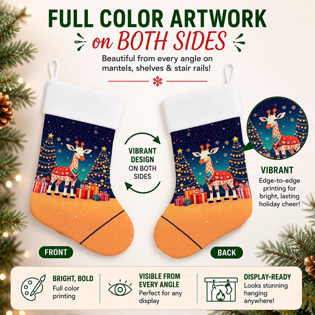 Giraffe Christmas Holiday Stocking Double-Sided Print, Polyester Suede,11x18, Made in USA