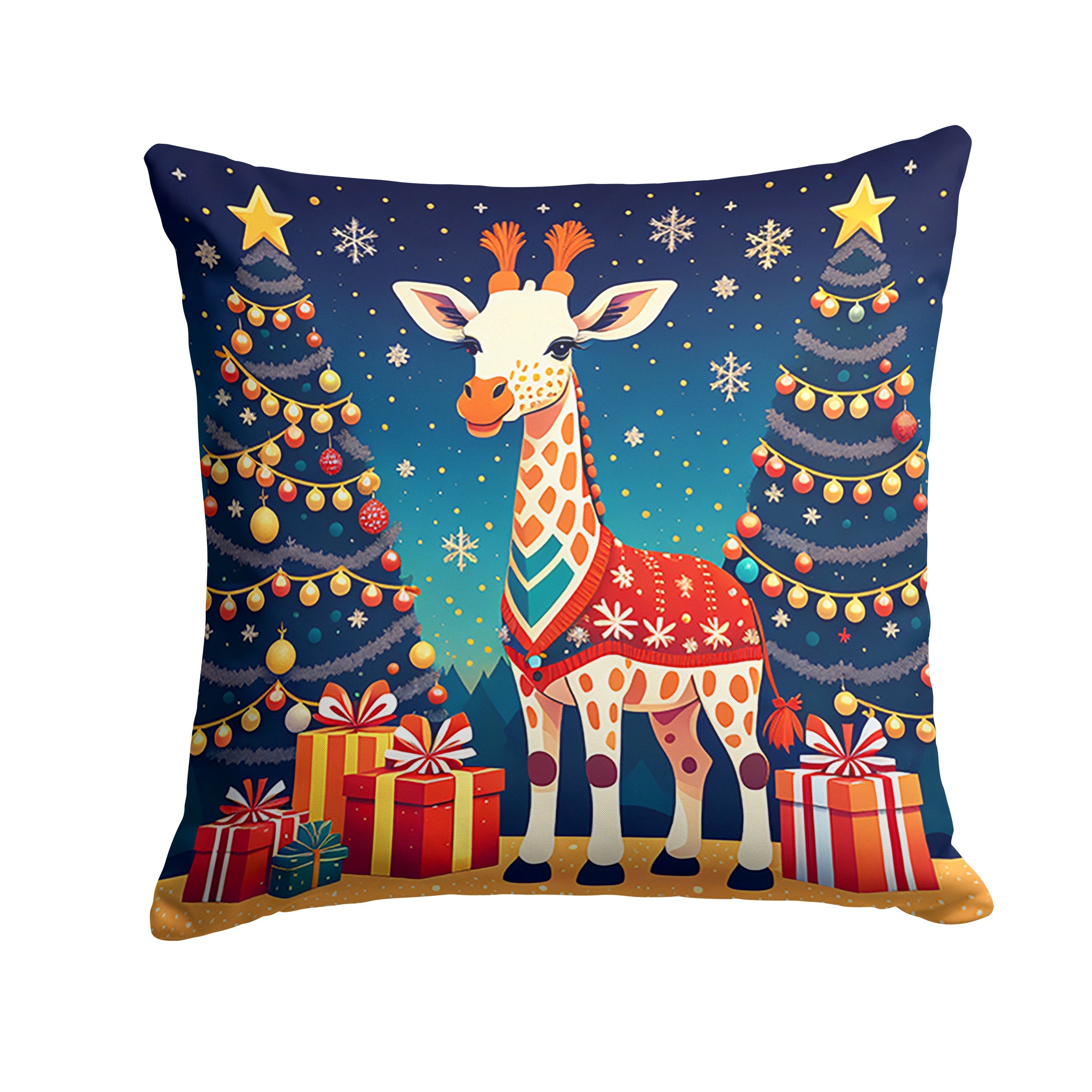 Giraffe Christmas Decorative Throw Pillow 14x14 Indoor Outdoor Accent Cushion, Fabric Cover with Insert for Sofa, Bed, Porch & Living Room