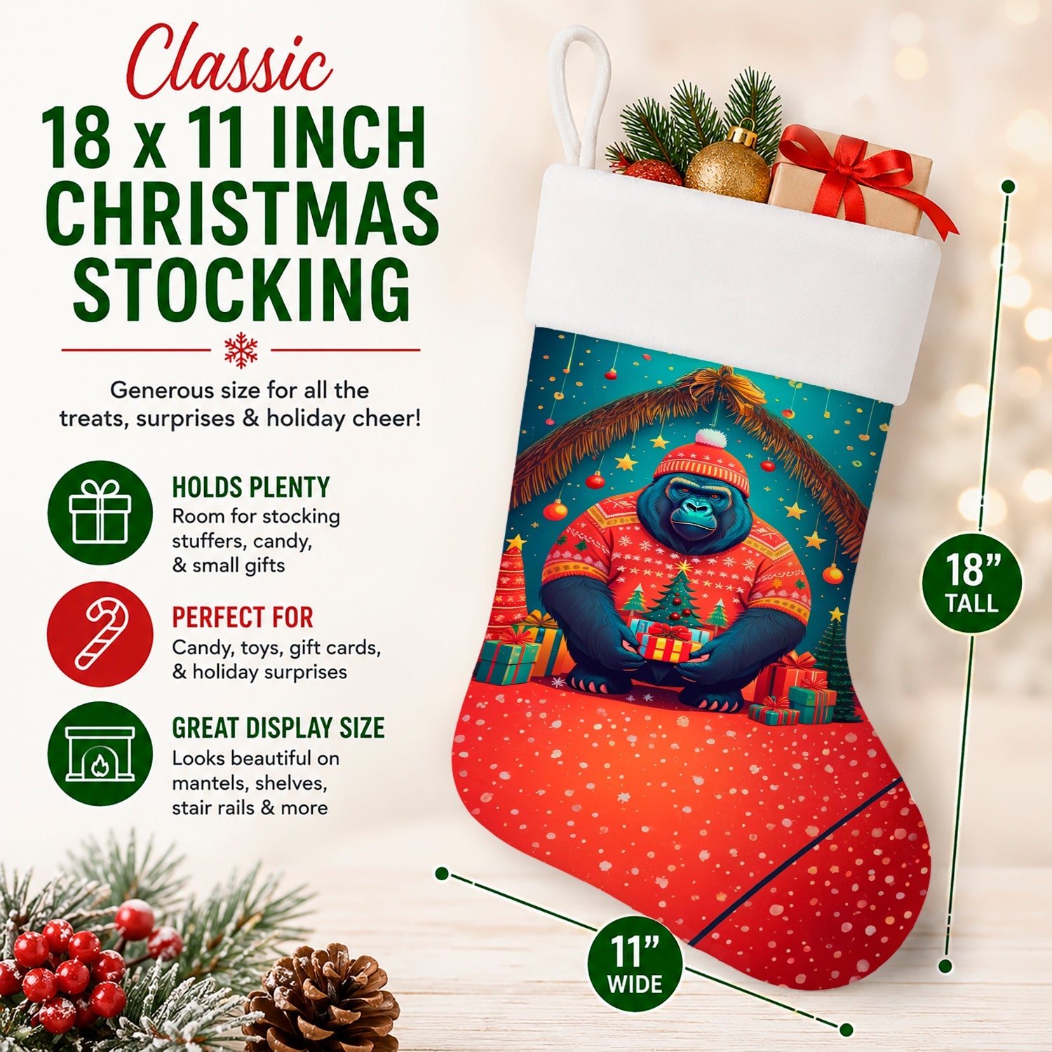 Gorilla Christmas Holiday Stocking Double-Sided Print, Polyester Suede,11x18, Made in USA