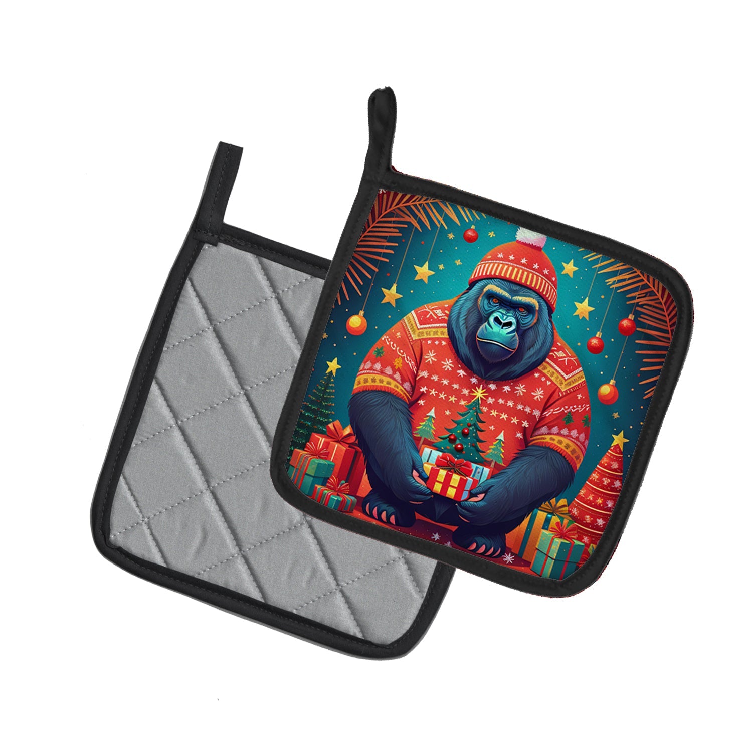 Gorilla Christmas Pot Holder Set of 2 Heat Resistant Quilted Hot Pads 7.5 x 7.5 Inch, Insulated Kitchen Trivets for Cooking & Baking
