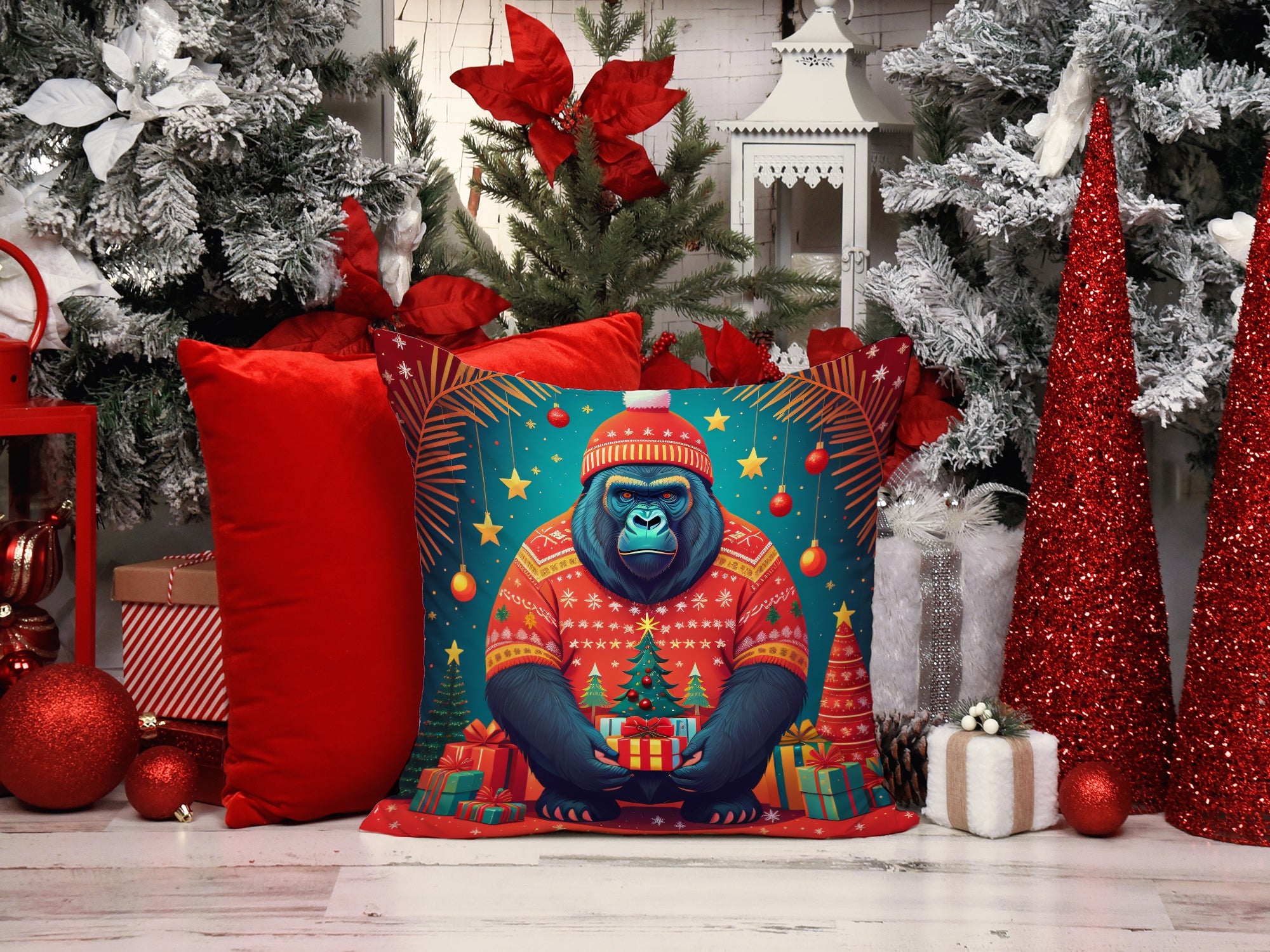 Gorilla Christmas Decorative Throw Pillow 18x18 Indoor Outdoor Accent Cushion, Fabric Cover with Insert for Sofa, Bed, Porch & Living Room