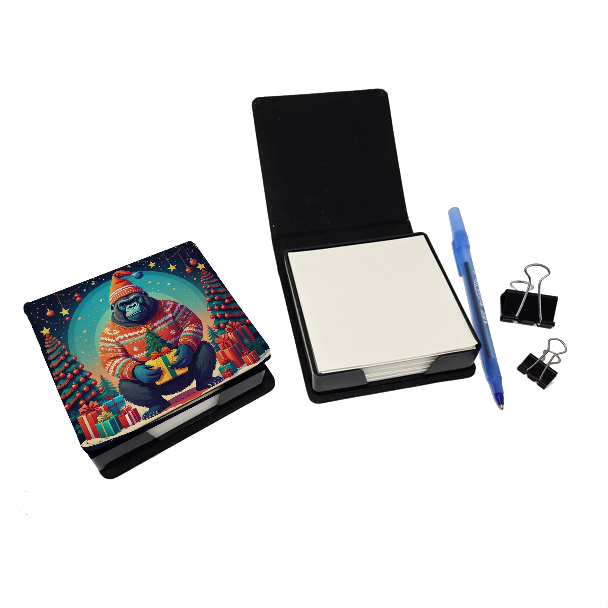 Gorilla Christmas PU Leather Note Paper Holder with Artist-Designed Cover, Desk Accessory, Office Gift