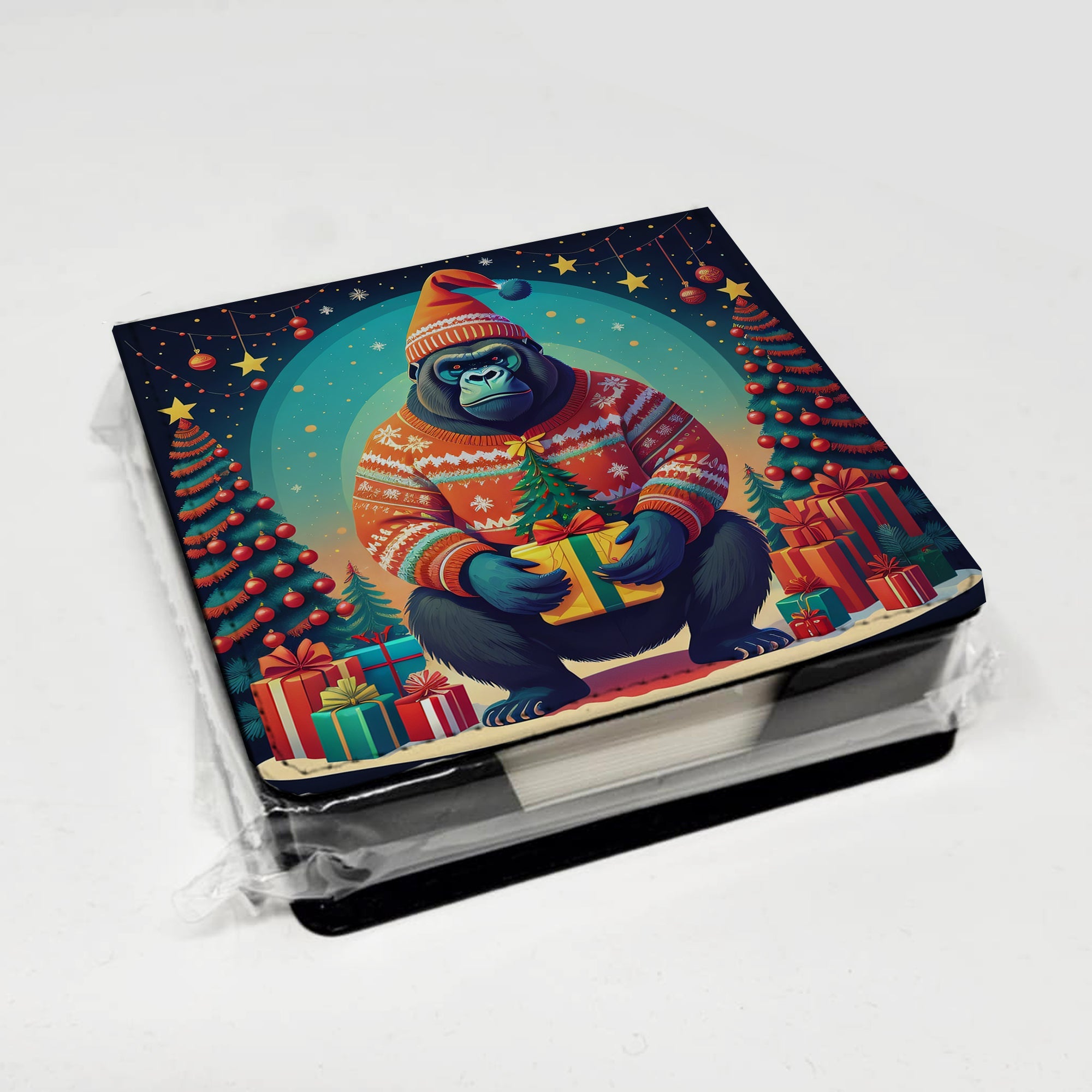 Gorilla Christmas PU Leather Note Paper Holder with Artist-Designed Cover, Desk Accessory, Office Gift