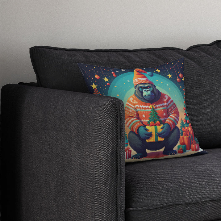 Gorilla Christmas Decorative Throw Pillow 14x14 Indoor Outdoor Accent Cushion, Fabric Cover with Insert for Sofa, Bed, Porch & Living Room