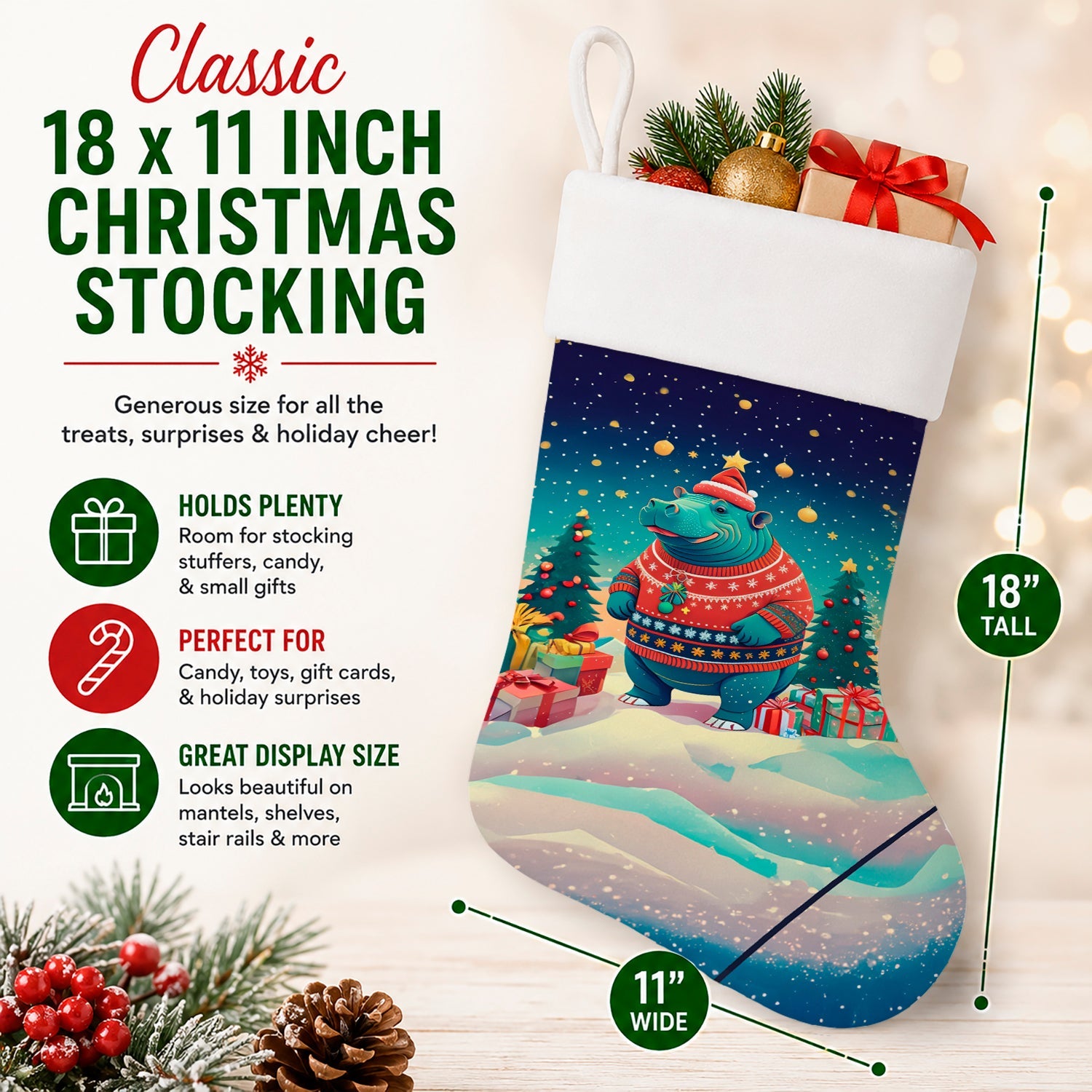 Hippopotamus Christmas Holiday Stocking Double-Sided Print, Polyester Suede,11x18, Made in USA
