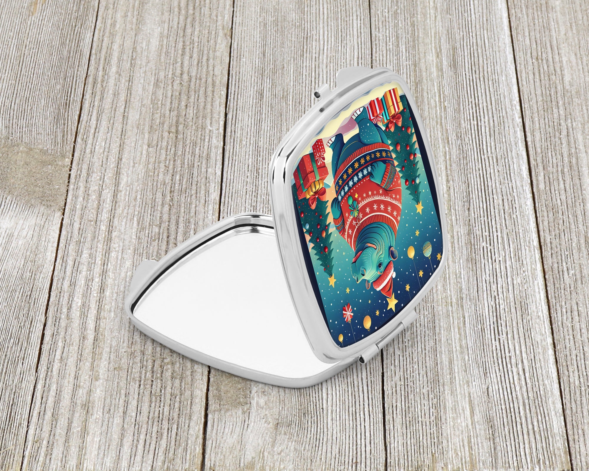 Hippopotamus Christmas Compact Mirror Decorative Travel Makeup Mirror for Women Girls Gifts Pocket Makeup Mirror Folding Handheld