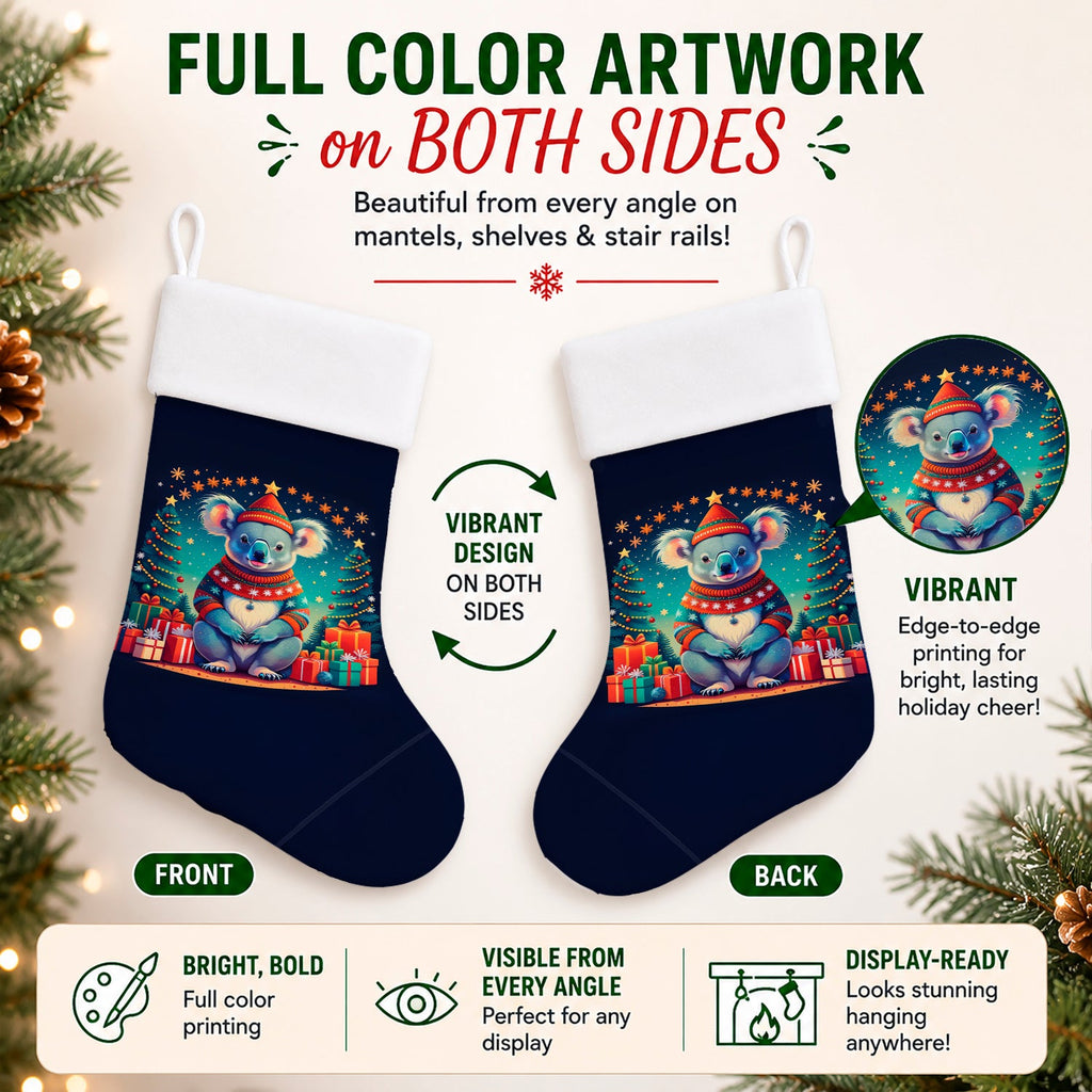 Koala Christmas Holiday Stocking Double-Sided Print, Polyester Suede,11x18, Made in USA