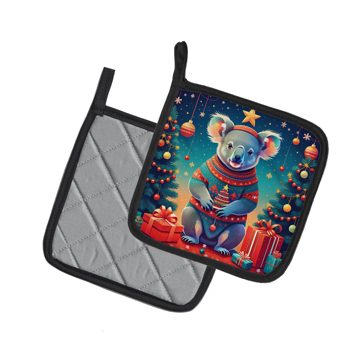 Koala Christmas Pot Holder Set of 2 Heat Resistant Quilted Hot Pads 7.5 x 7.5 Inch, Insulated Kitchen Trivets for Cooking & Baking