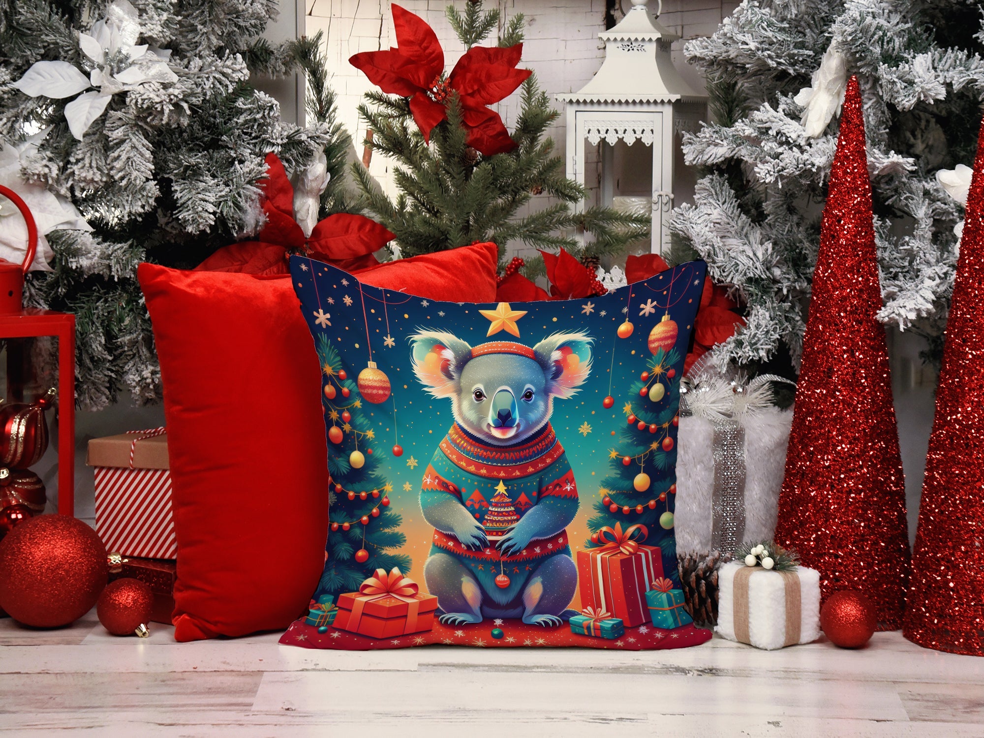 Koala Christmas Decorative Throw Pillow 14x14 Indoor Outdoor Accent Cushion, Fabric Cover with Insert for Sofa, Bed, Porch & Living Room