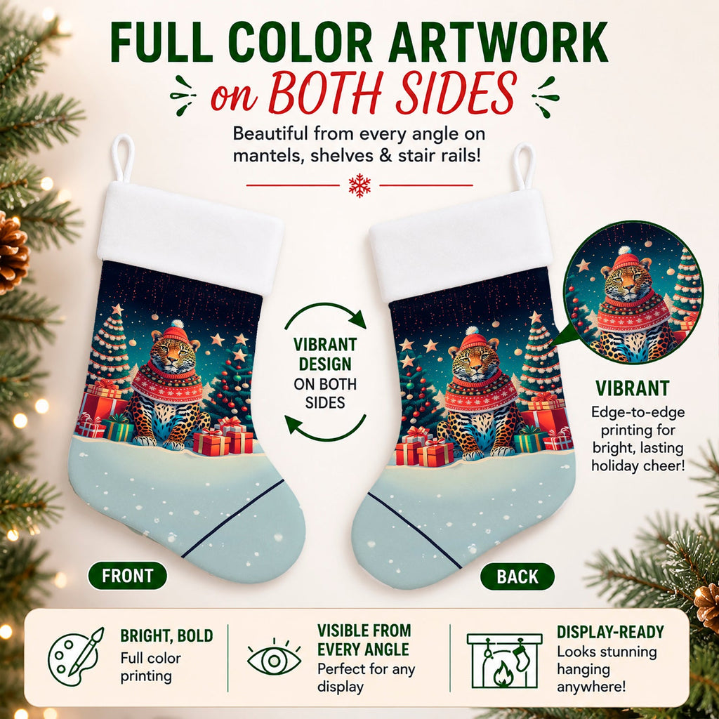 Leopard Christmas Holiday Stocking Double-Sided Print, Polyester Suede,11x18, Made in USA