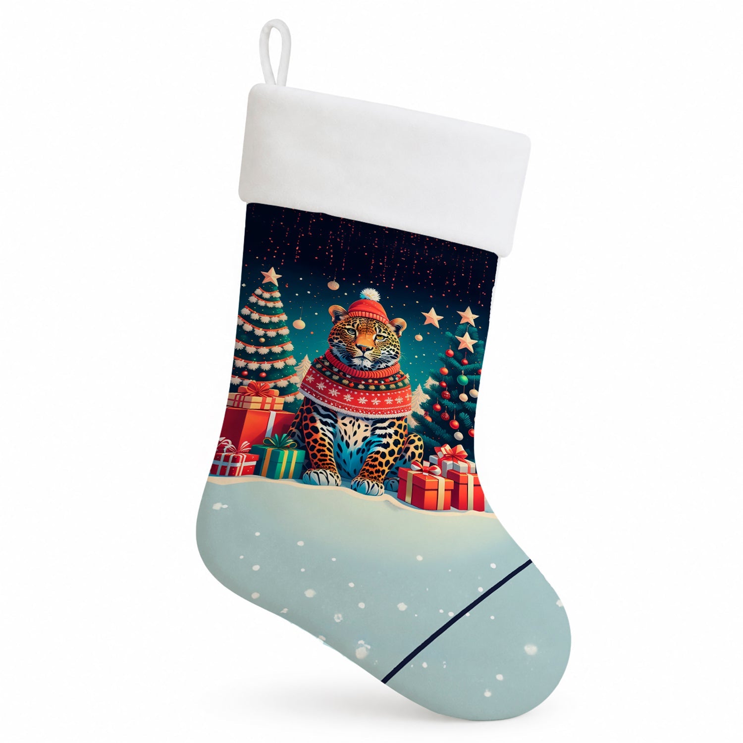 Leopard Christmas Holiday Stocking Double-Sided Print, Polyester Suede,11x18, Made in USA