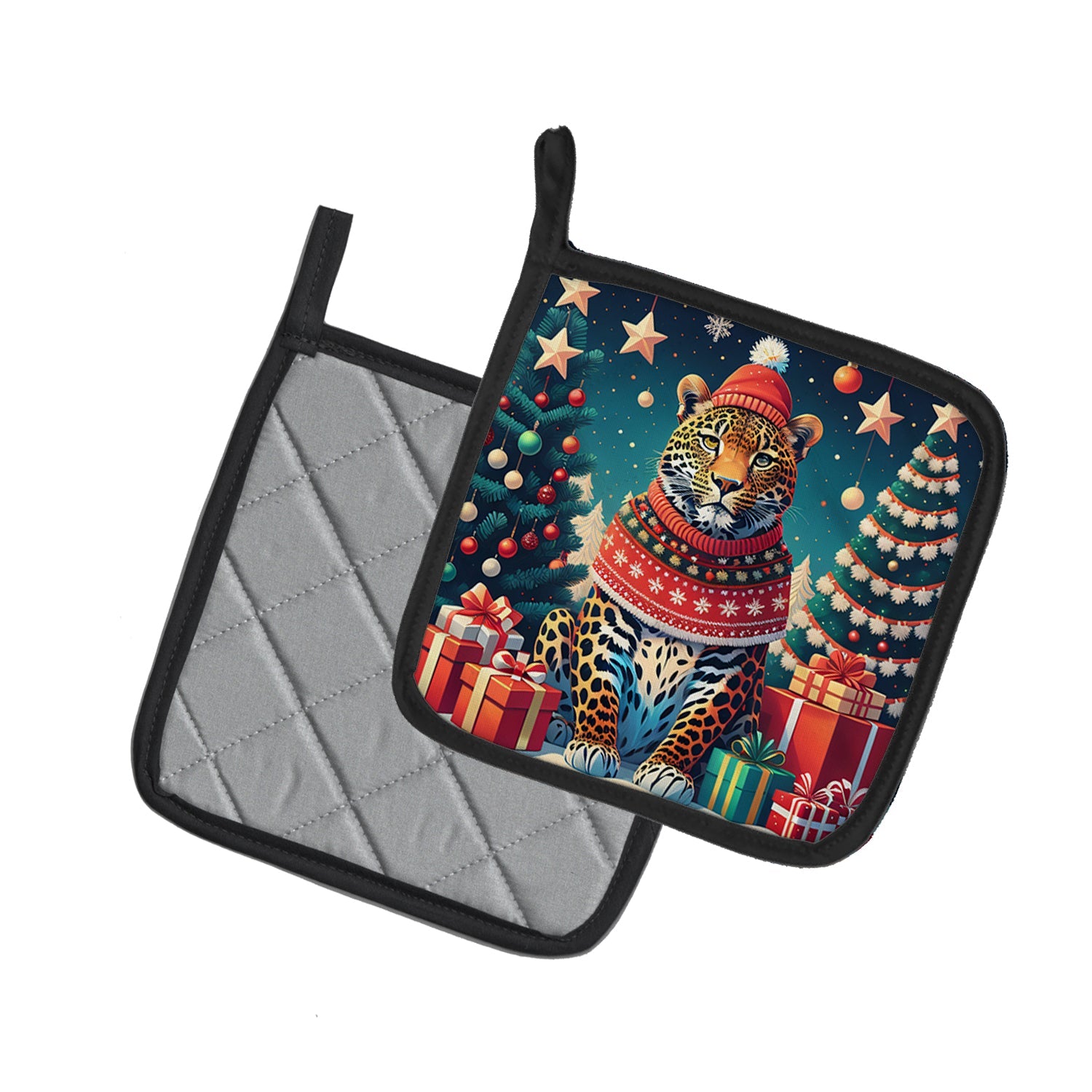 Leopard Christmas Pot Holder Set of 2 Heat Resistant Quilted Hot Pads 7.5 x 7.5 Inch, Insulated Kitchen Trivets for Cooking & Baking