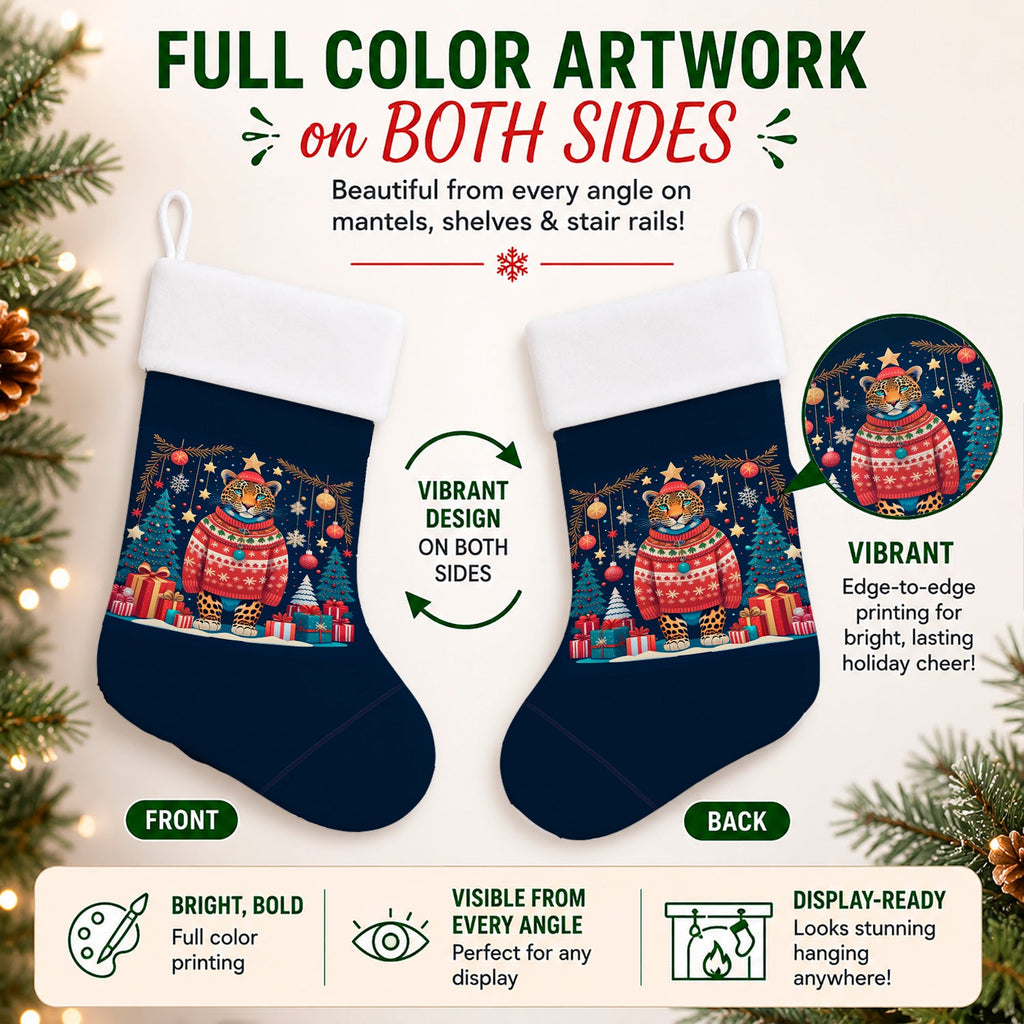 Leopard Christmas Holiday Stocking Double-Sided Print, Polyester Suede,11x18, Made in USA