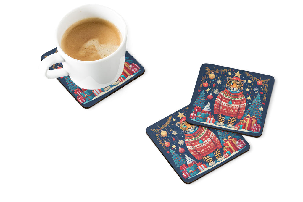Leopard Christmas Foam Coasters Set of 4 Cup Coasters for Indoor Outdoor, Tabletop Protection, Anti Slip, Mouse pad Material