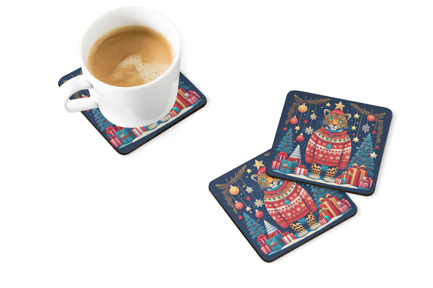 Leopard Christmas Foam Coasters Set of 4 Cup Coasters for Indoor Outdoor, Tabletop Protection, Anti Slip, Mouse pad Material