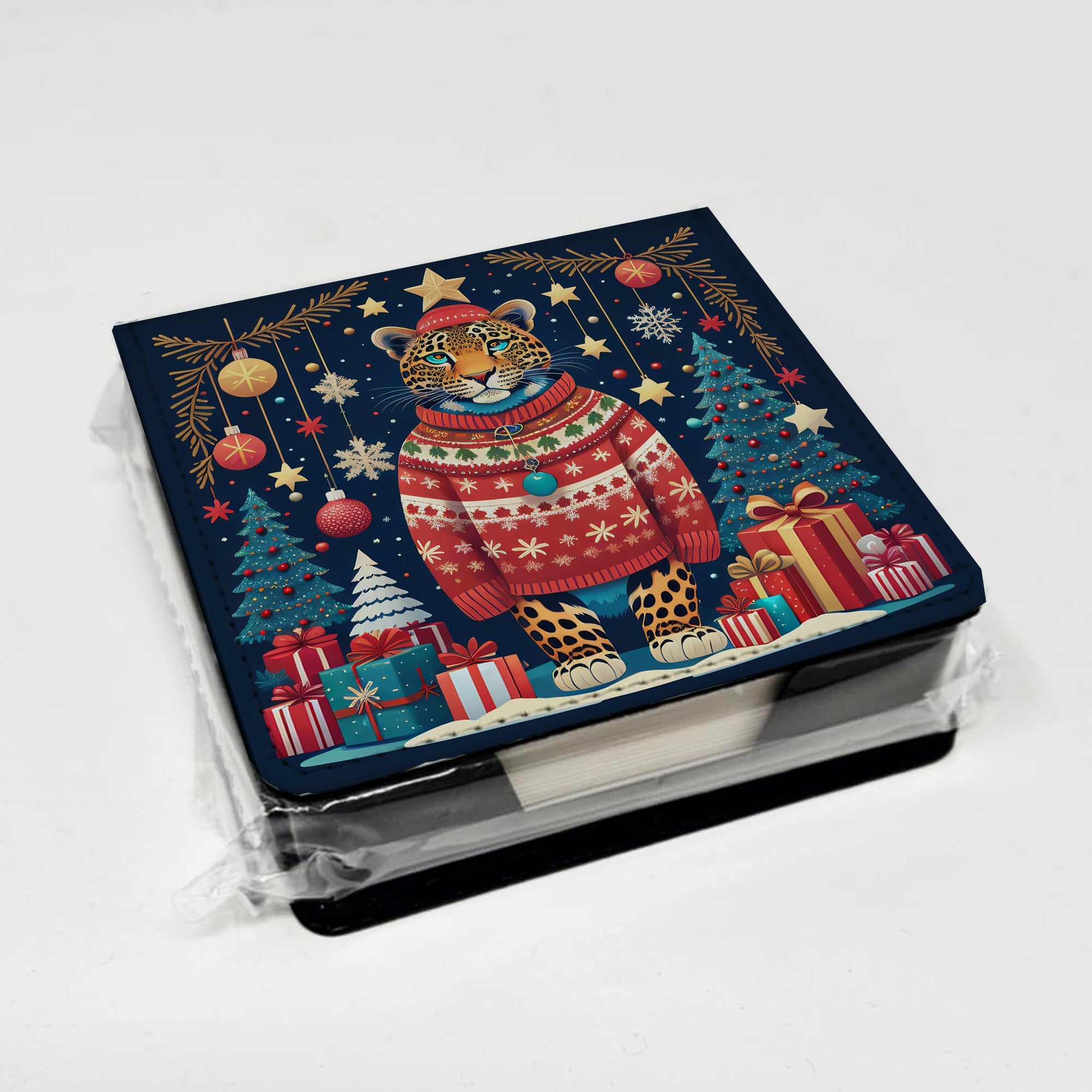Leopard Christmas PU Leather Note Paper Holder with Artist-Designed Cover, Desk Accessory, Office Gift