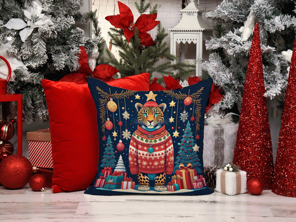 Leopard Christmas Decorative Throw Pillow 18x18 Indoor Outdoor Accent Cushion, Fabric Cover with Insert for Sofa, Bed, Porch & Living Room
