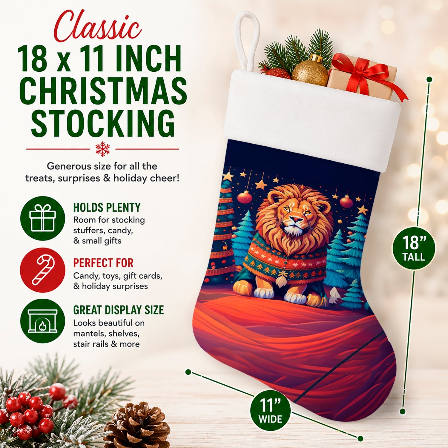 Lion Christmas Holiday Stocking Double-Sided Print, Polyester Suede,11x18, Made in USA