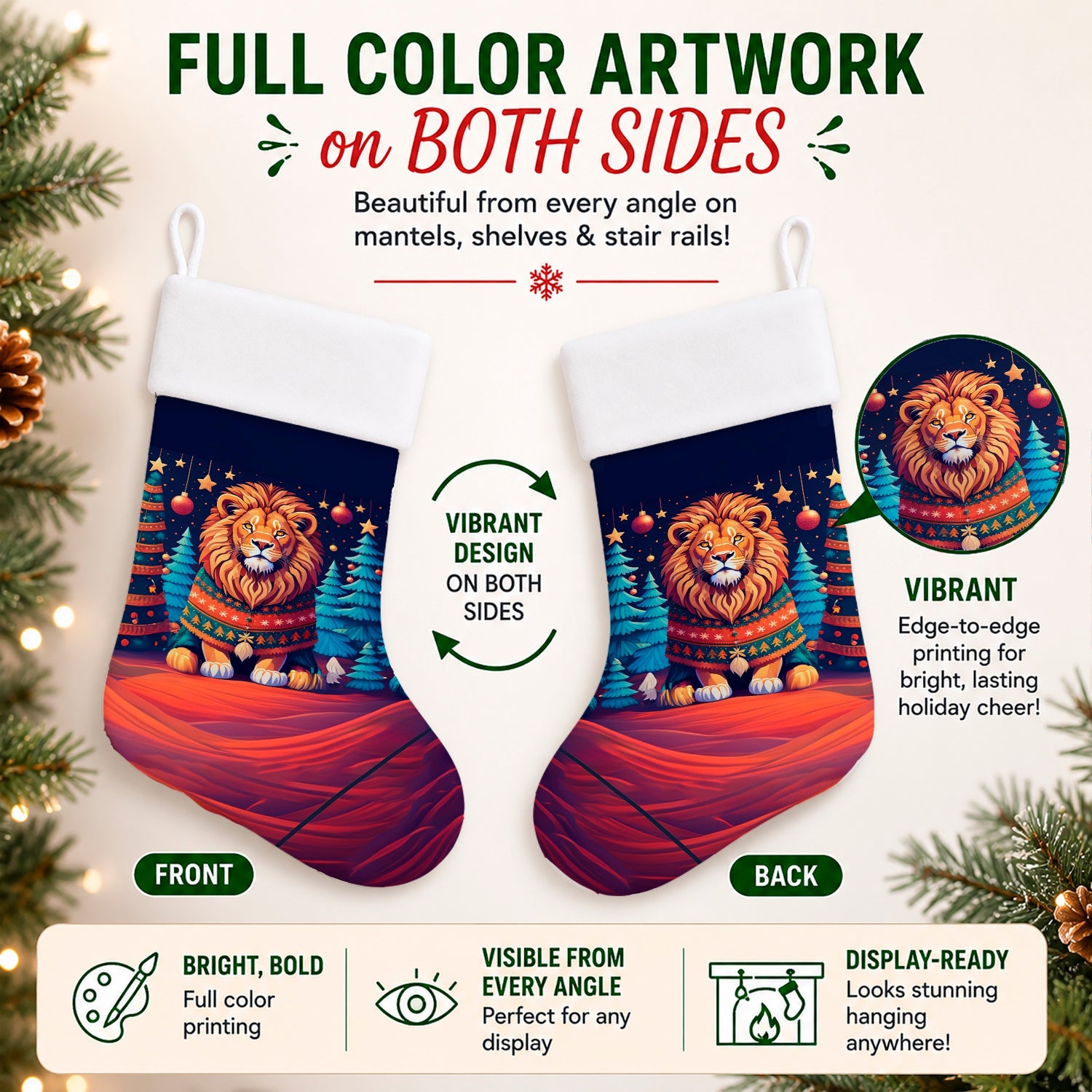 Lion Christmas Holiday Stocking Double-Sided Print, Polyester Suede,11x18, Made in USA