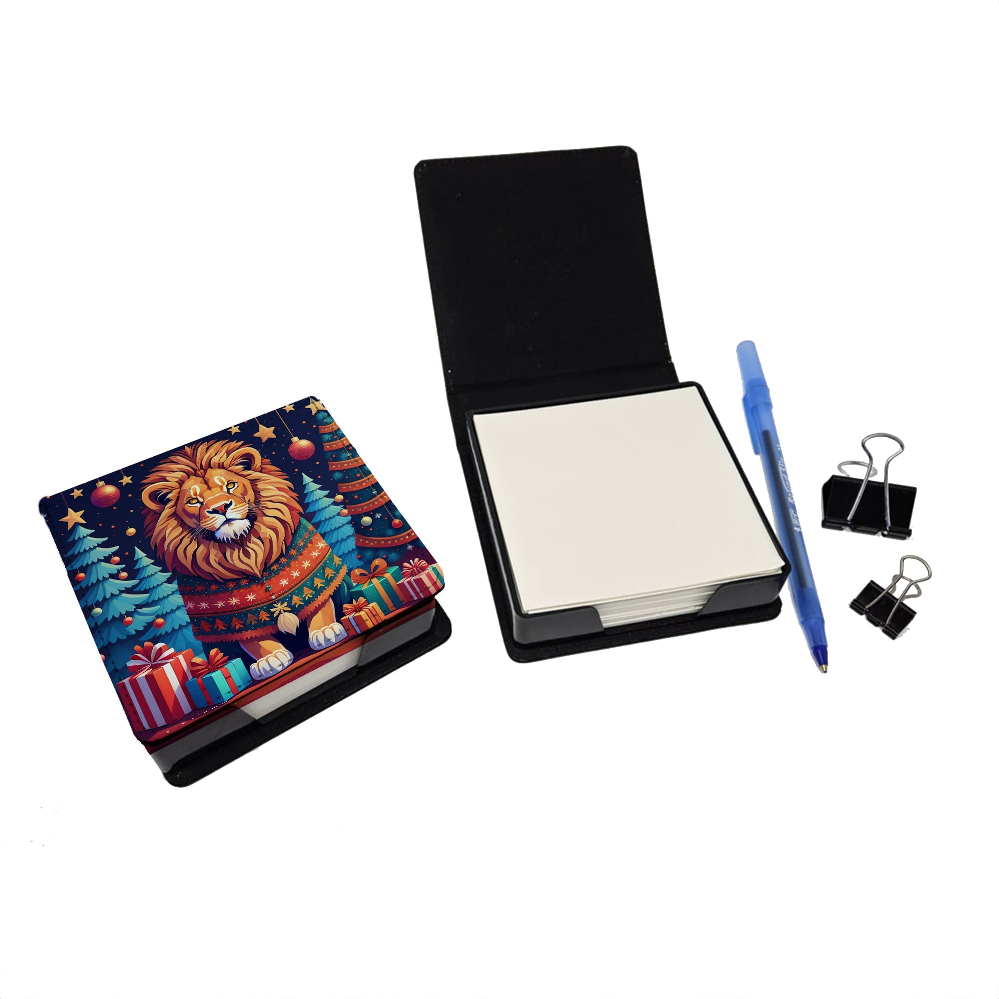 Lion Christmas PU Leather Note Paper Holder with Artist-Designed Cover, Desk Accessory, Office Gift