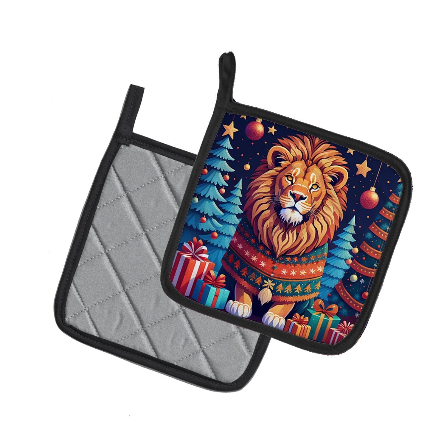 Lion Christmas Pot Holder Set of 2 Heat Resistant Quilted Hot Pads 7.5 x 7.5 Inch, Insulated Kitchen Trivets for Cooking & Baking