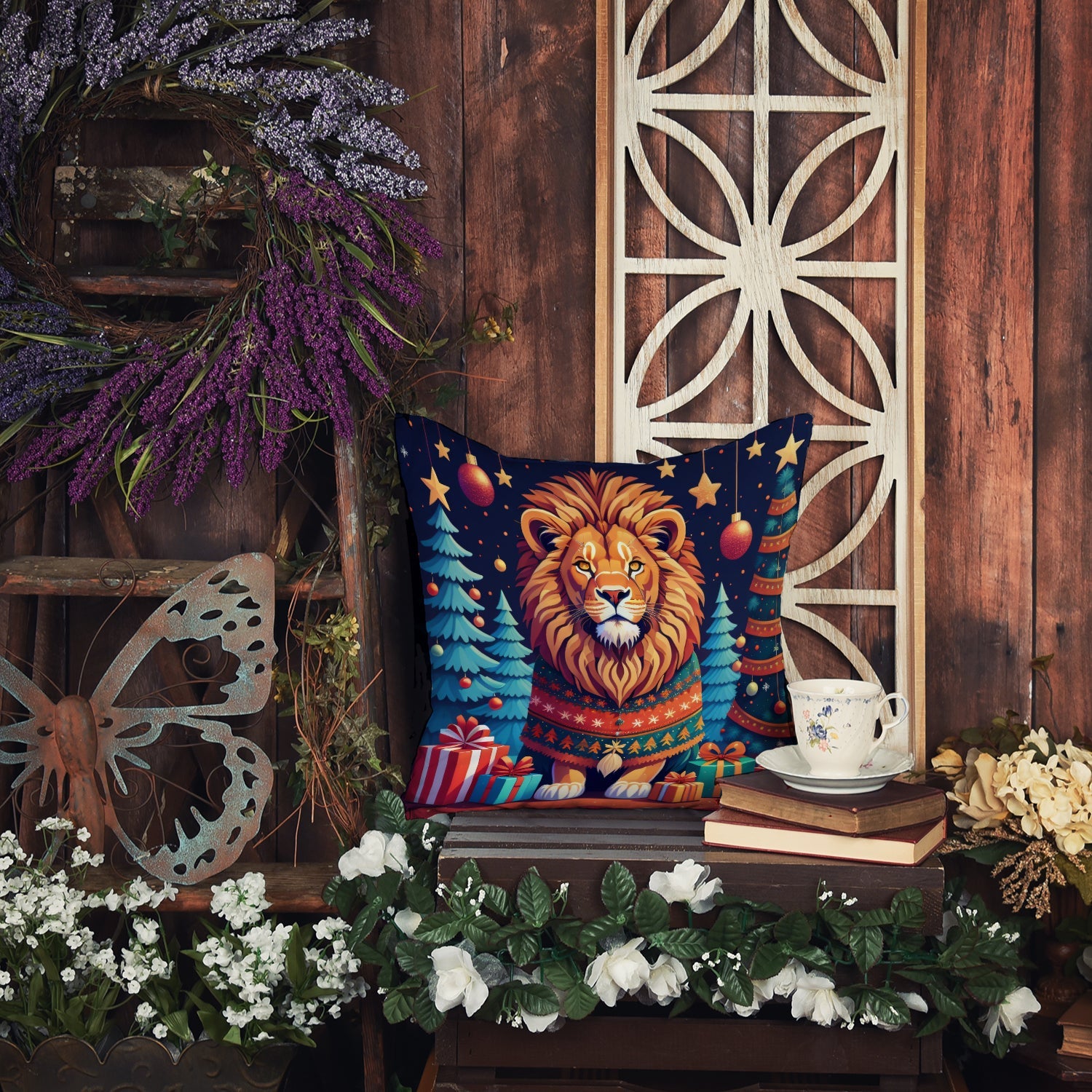 Lion Christmas Decorative Throw Pillow 18x18 Indoor Outdoor Accent Cushion, Fabric Cover with Insert for Sofa, Bed, Porch & Living Room