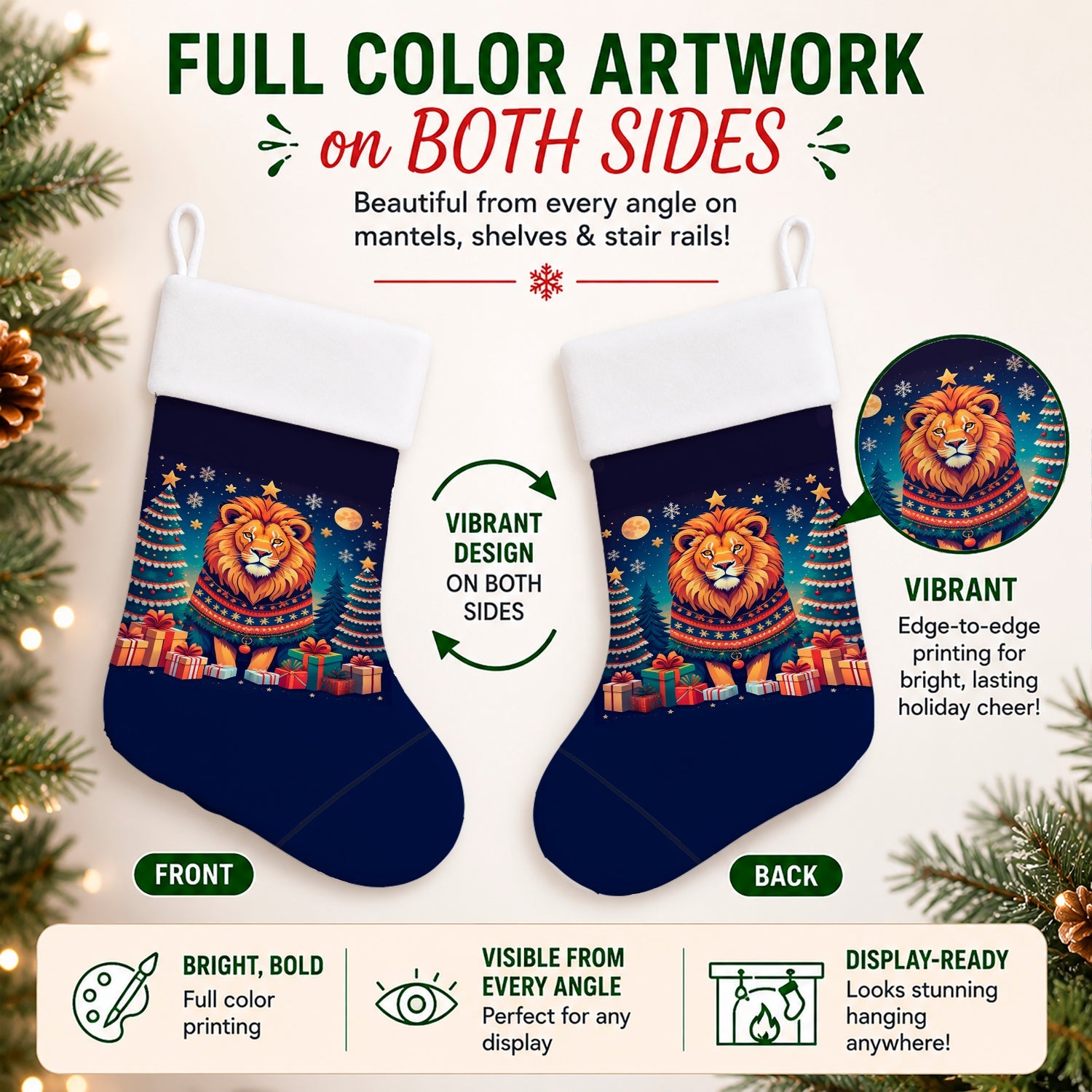 Lion Christmas Holiday Stocking Double-Sided Print, Polyester Suede,11x18, Made in USA