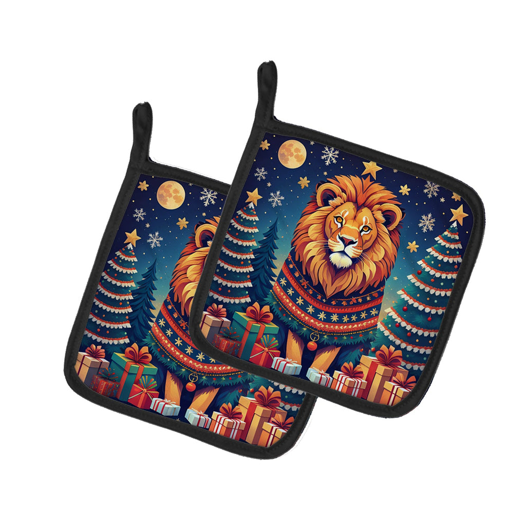 Lion Christmas Pot Holder Set of 2 Heat Resistant Quilted Hot Pads 7.5 x 7.5 Inch, Insulated Kitchen Trivets for Cooking & Baking
