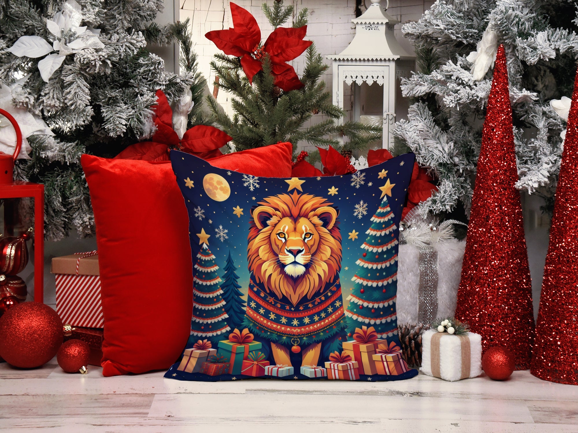 Lion Christmas Decorative Throw Pillow 18x18 Indoor Outdoor Accent Cushion, Fabric Cover with Insert for Sofa, Bed, Porch & Living Room