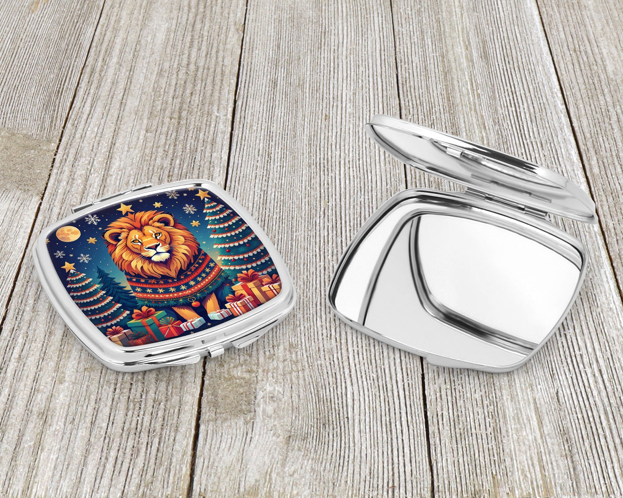 Lion Christmas Compact Mirror Decorative Travel Makeup Mirror for Women Girls Gifts Pocket Makeup Mirror Folding Handheld