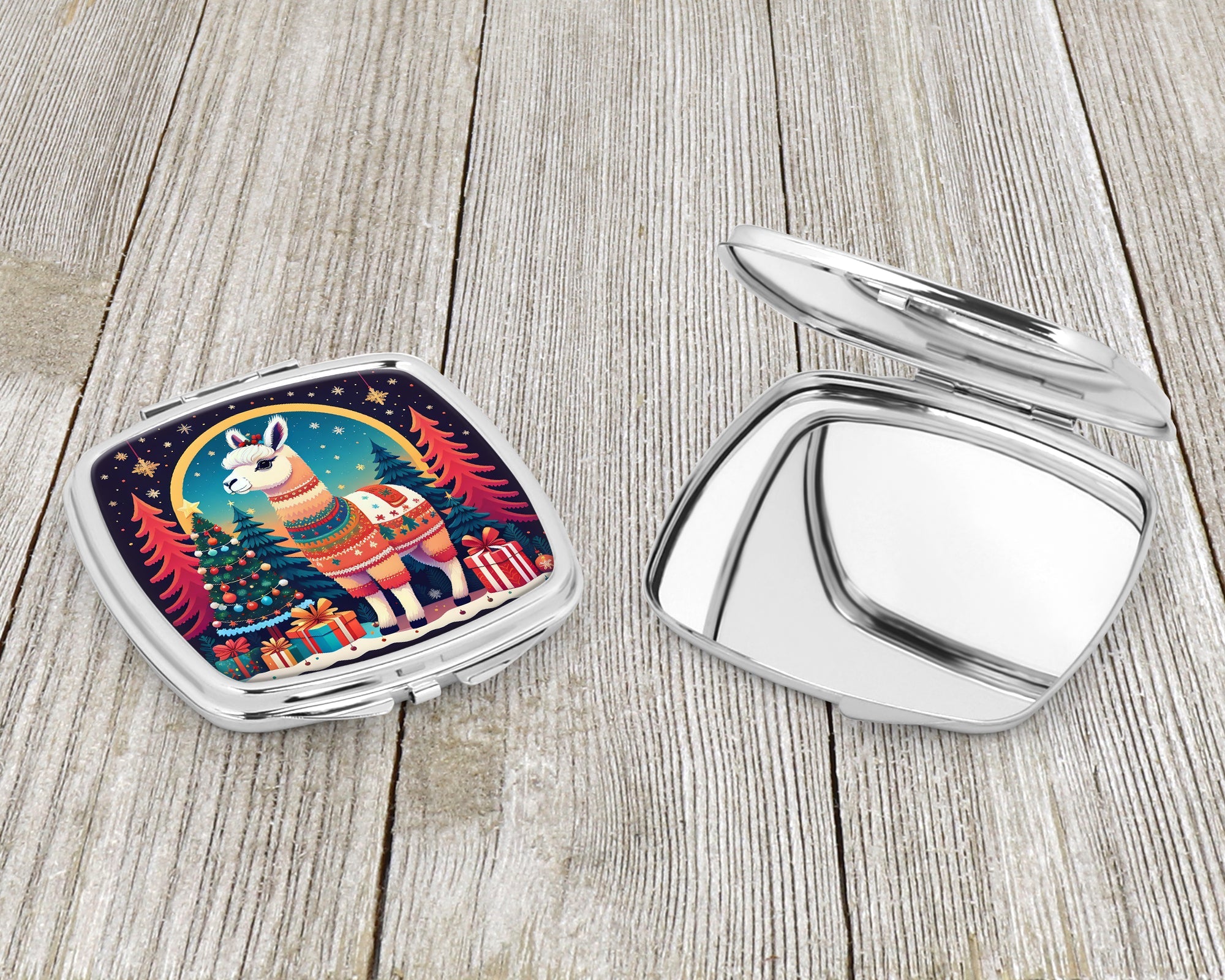 Llama Christmas Compact Mirror Decorative Travel Makeup Mirror for Women Girls Gifts Pocket Makeup Mirror Folding Handheld