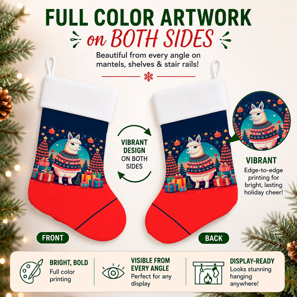 Llama Christmas Holiday Stocking Double-Sided Print, Polyester Suede,11x18, Made in USA