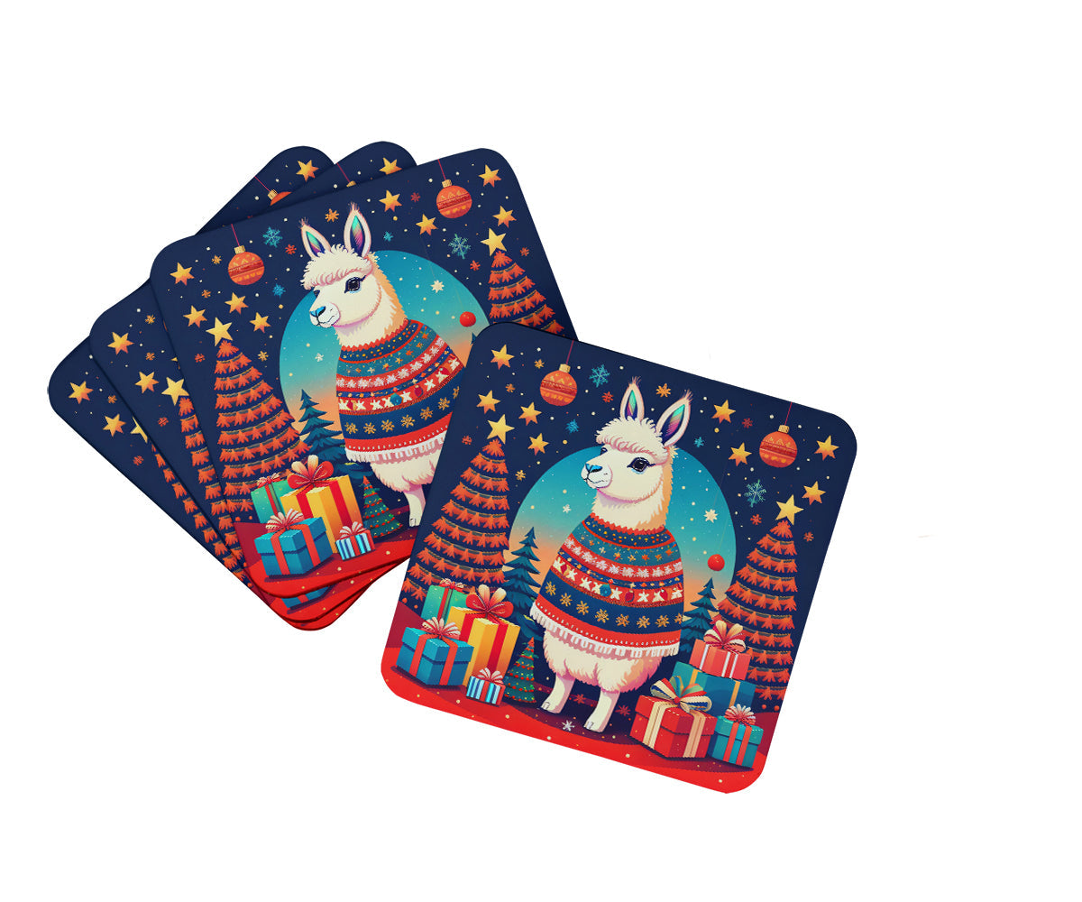 Llama Christmas Foam Coasters Set of 4 Cup Coasters for Indoor Outdoor, Tabletop Protection, Anti Slip, Mouse pad Material