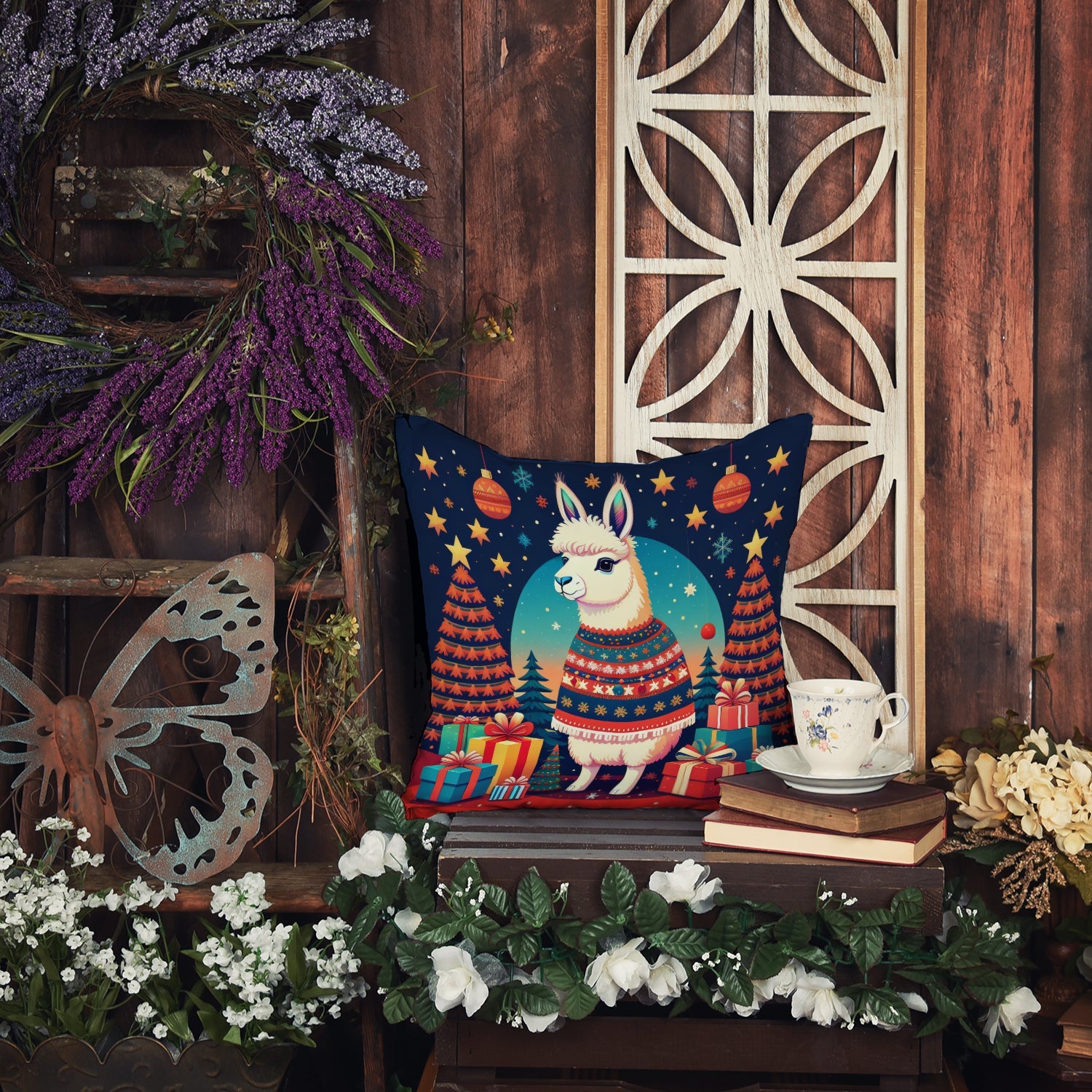 Llama Christmas Decorative Throw Pillow 18x18 Indoor Outdoor Accent Cushion, Fabric Cover with Insert for Sofa, Bed, Porch & Living Room