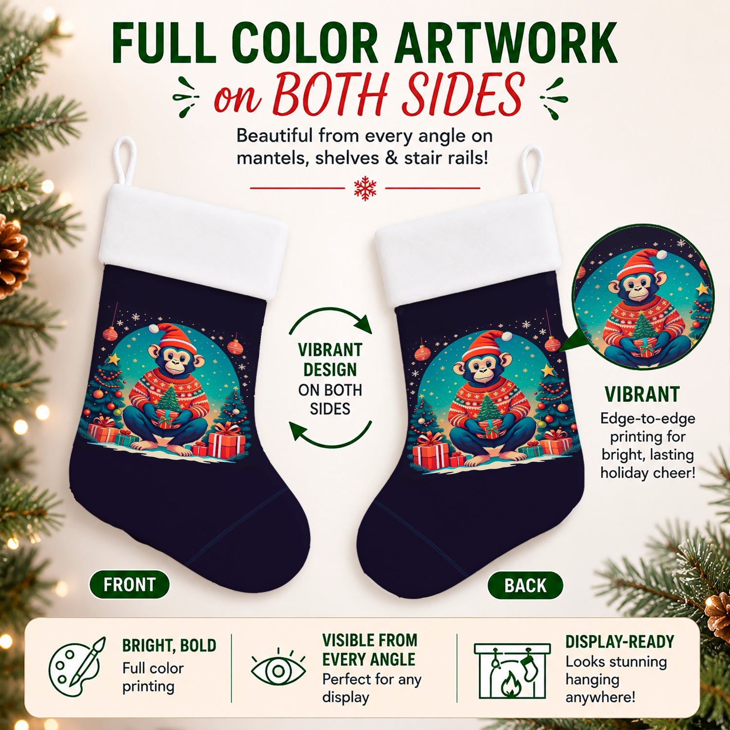 Monkey Christmas Holiday Stocking Double-Sided Print, Polyester Suede,11x18, Made in USA