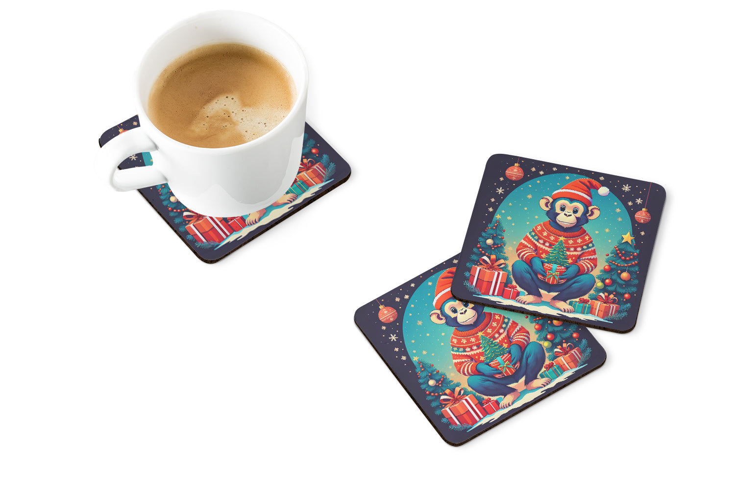 Monkey Christmas Foam Coasters Set of 4 Cup Coasters for Indoor Outdoor, Tabletop Protection, Anti Slip, Mouse pad Material