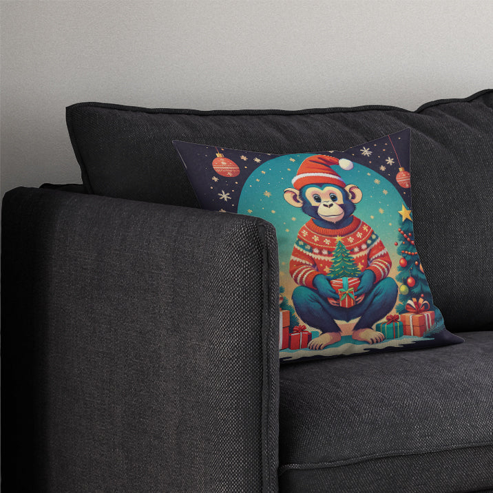 Monkey Christmas Decorative Throw Pillow 14x14 Indoor Outdoor Accent Cushion, Fabric Cover with Insert for Sofa, Bed, Porch & Living Room