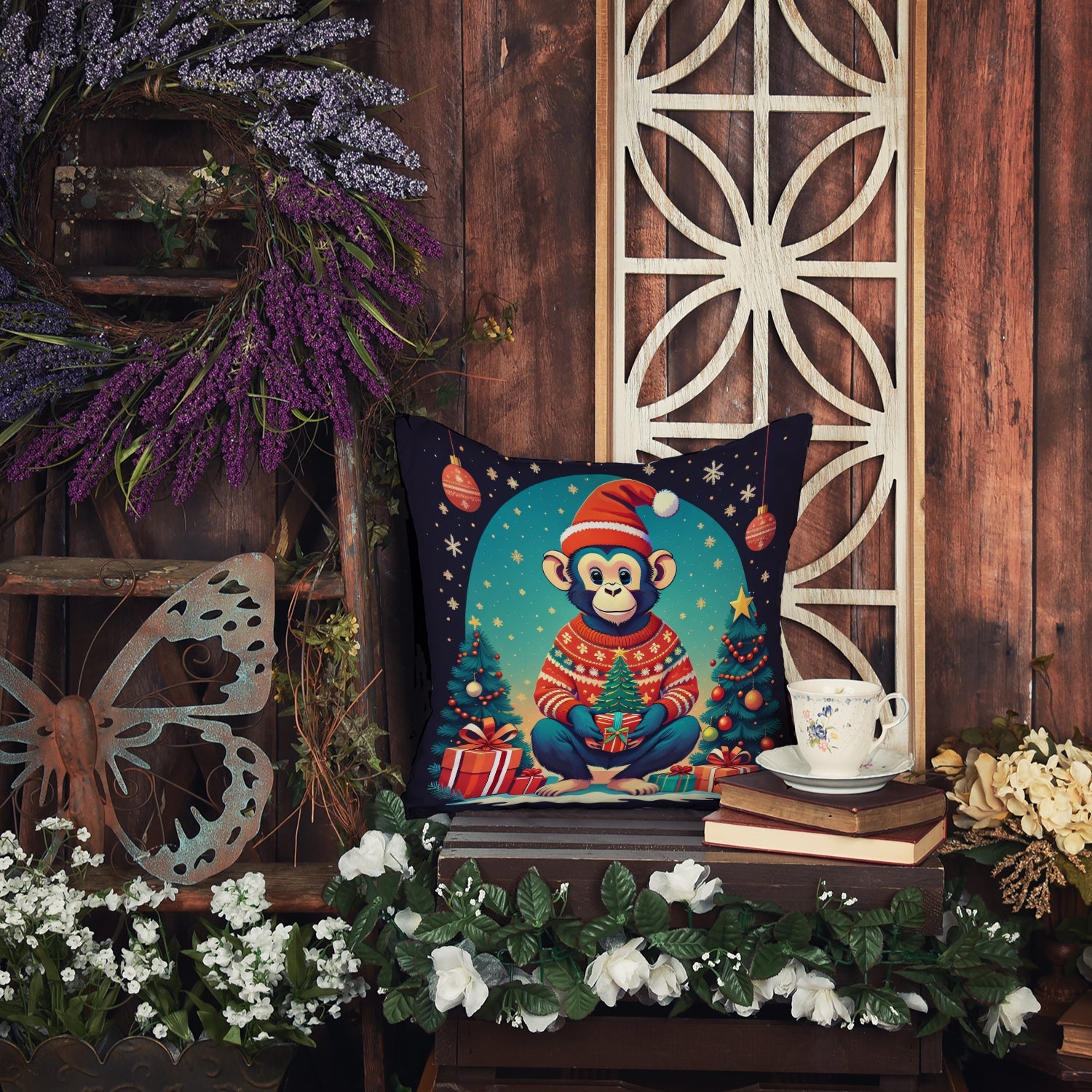 Monkey Christmas Decorative Throw Pillow 18x18 Indoor Outdoor Accent Cushion, Fabric Cover with Insert for Sofa, Bed, Porch & Living Room