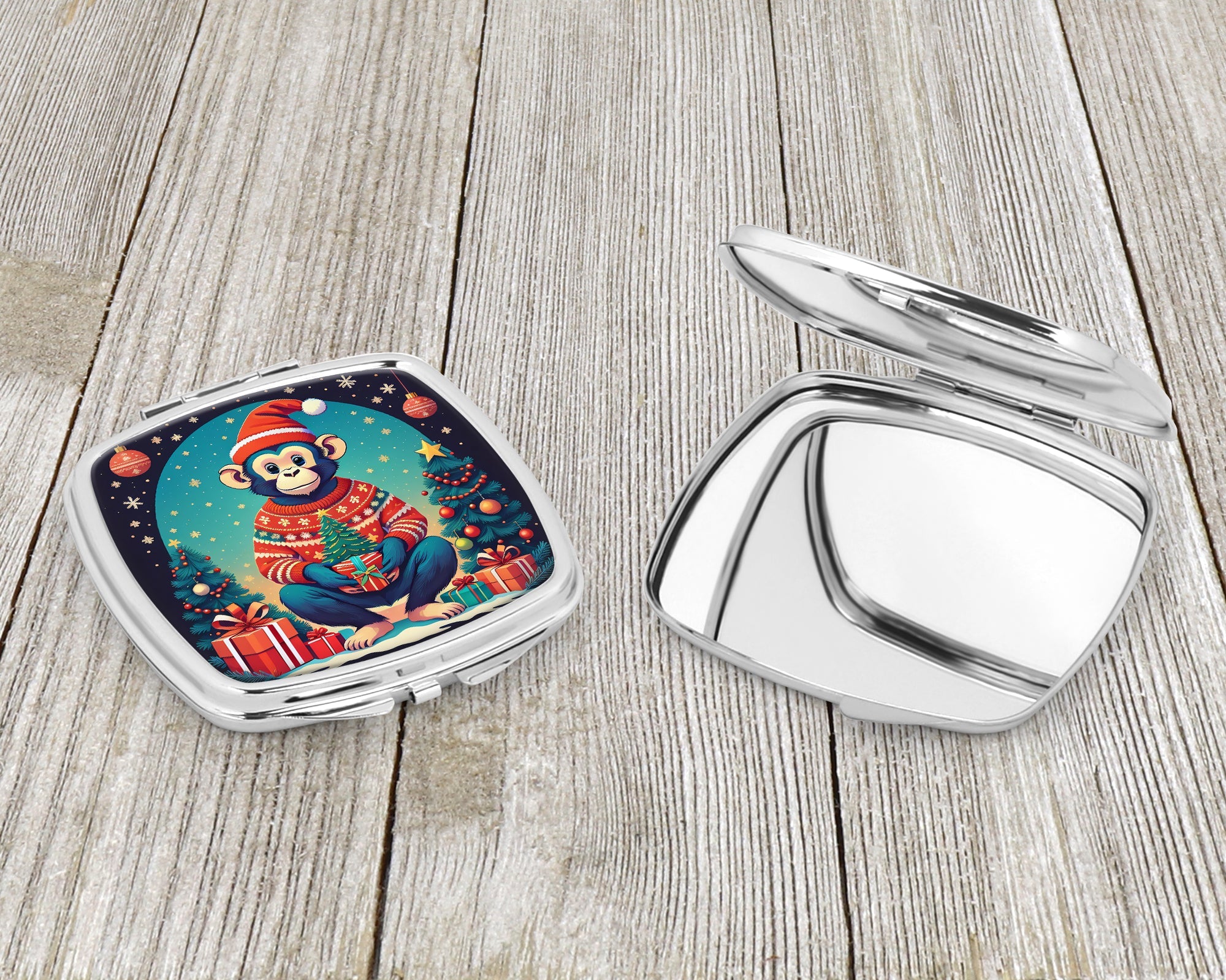 Monkey Christmas Compact Mirror Decorative Travel Makeup Mirror for Women Girls Gifts Pocket Makeup Mirror Folding Handheld