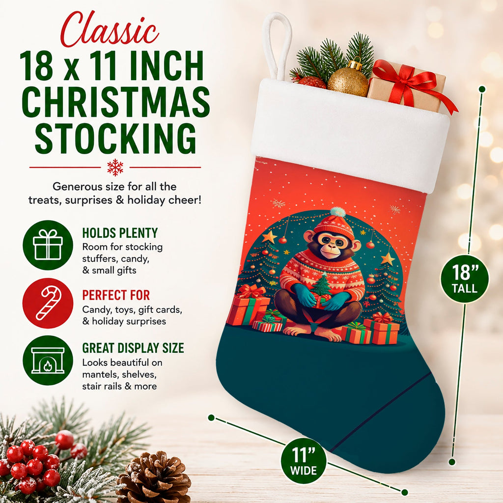 Monkey Christmas Holiday Stocking Double-Sided Print, Polyester Suede,11x18, Made in USA